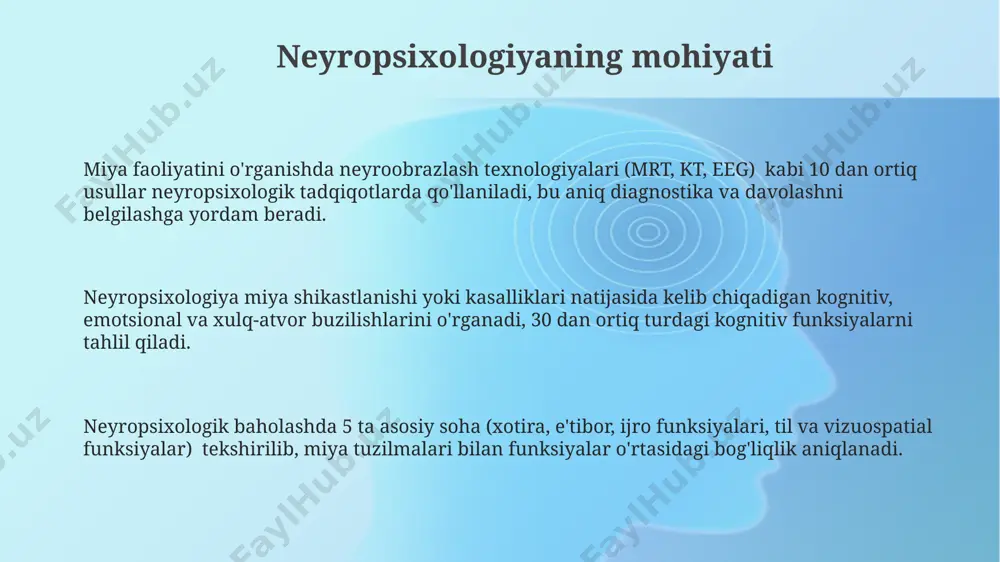asalliklarga moyilligini aniqlashda qo‘llaniladi. kasalliklarni aniqlashda farqlar klinik psixologlar dsm-5 yoki icd-11 kabi diagnostika qo'llanmalaridan foydalanadilar, neyropsixologlar esa miya shikastlanishi yoki kasalliklari tufayli kelib chiqqan kognitiv nuqsonlarni aniqlash uchun aniqroq va miya bilan bog'liqroq mezonlardan foydalanadilar. neyropsixologik baholashda kognitiv testlar (masalan, wechsler shkalalari, 15 ta subtest) va neyroimaging texnikalari (ya'ni, mri, eeg) keng qo'llaniladi, klinik psixologiya esa ko'proq psixometrik testlar va intervyularga tayanadi. neyropsixologiya miya shikastlanishi yoki kasalliklarining (masalan, 50% dan ortiq holatlarda altsgeymer kasalligi) kognitiv funksiyalariga ta'sirini o'rganadi, klinik psixologiya esa asosan ruhiy kasalliklarni, masalan, depressiya yoki tashvishni diagnostika qiladi. neyropsixologik tekshiruvlarning turlari neyropsixologik tekshiruvlarning bir turi – vizuospatial funksiyalarni baholash uchun 5-10 ta turli xil testlardan iborat bo'lib, makonni idrok etish va vizual konstruksiyani o'rganadi. kognitiv funksiyalarni baholash uchun, masalan, e'tibor, xotira va ijro funksiyalarini o'lchaydigan 3 ta asosiy test qo'llaniladi, har biri subtestlarga bo'linadi. tilni baholash uchun, fenologik xotira, semantik tushunish va grammatik bilimlarni o'lchaydigan kamida 2 …