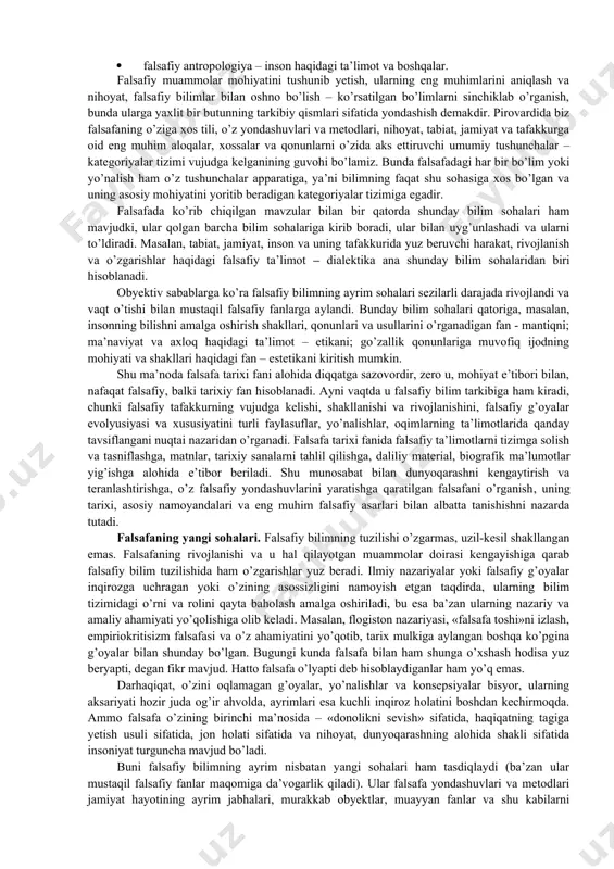 ng falsafasi to’g’risida so’z yuritish mutlaqo o’rinli bo’ladi va bunga biz kundalik hayotda tez-tez duch kelamiz. biroq ayni holda bizni fan sifatidagi, ayrim insonning emas, balki butun jamiyatning rivojlanish mahsuliga aylangan ijtimoiy hodisa sifatidagi falsafa qiziqtiradi va ayni shu sababli yuqorida keltirilgan ta’rifda «inson» tushunchasi yig’ma ma’noda qo’llanilgan. bu yerda shuni ta’kidlab o’tish lozimki, garchi falsafaning predmetiga biz umumiy nuqtai nazardan ancha keng ta’rif bergan bo’lsak-da, ayrim tarixiy davrlarda odatda u yoki bu sabablarga ko’ra muayyan masalalar doirasi falsafiy tadqiqotlarda birinchi o’ringa chiqadi. masalan, qadimgi yunonistonda kosmosentrizm ilk falsafiy ta’limotlarning o’ziga xos xususiyati bo’lib, bunda asosiy e’tibor «kosmos», «tabiat»ni anglab yetishga qaratilgan. keyinchalik, qadimgi yunon shahar-polislari ravnaq topgan davrda faylasuflar diqqat markazidan ijtimoiy muammolar, axloq, davlat qurilishi masalalari o’rin oldi. yevropada xristianlikning, sharqda islom dinining vujudga kelishi va mustahkamlanishi natijasida o’rta asrlar falsafasi teosentrik (yunon. thyeos – markazdan o’rin olgan xudo) xususiyat kasb etdi, ya’ni xudo va u yaratgan olam …