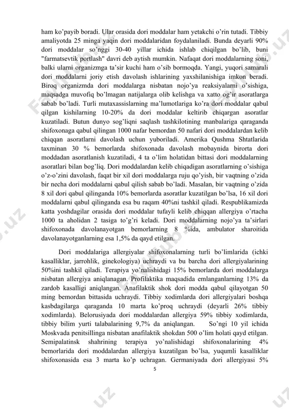 lishga to’g’ri keladi. ularning ko’pchiligini antibiotiklar keltirib chiqaradi, chunki ular shifokorlarning amaliy ish faoliyatida ko’proq qo’llaniladi. dori moddalardan kelib chiqqan asoratlarni diagnozlash, g’oyatda muhim va ayni vaqtda juda qiyin vazifa bo’lib hisoblanadi. o’z vaqtida aniqlanmagan dori asoratlari patologik jarayonning o’sishi va chuqurlashishi bilan xavfli, giperdiagnostika (bir necha diagnozni bir vaqtda qo’yish) esa asosiy kasallikni noto’g’ri yoki to’laqonli davolamay, kasallikni surunkali formaga o’tib ketishiga olib keladi. dori modda asoratlarining klinik diagnozini qiyinligi shu bilan bog’liqki, ko’pincha yangi paydo bo’layotgan belgilar asosiy kasallikning rivojlanishi tufayli yuzaga kelayaptimi yoki dori moddalar bilan davolash natijasida yuzaga kelayotgan asoratlar sifatida qo’shilib kelyaptimi aniqlash qiyin. hatto dori modda asoratlari klinikasi har doim ham qaysi preparat asorat keltirib chiqarganini aniqlashga imkon bermaydi, chunki bemor ko’pincha bir vaqtning o’zida bir necha dori moddani qabul qiladi. antibiotiklar bilan uzoq vaqt davomida davolanganda kelib chiqqan asoratlarni zamburug’larning kandida turi keltirib chiqargan yallig’lanishlardan (kandidamikozlar) farqlash ham juda qiyin bo’ladi. dori allergiyasini …