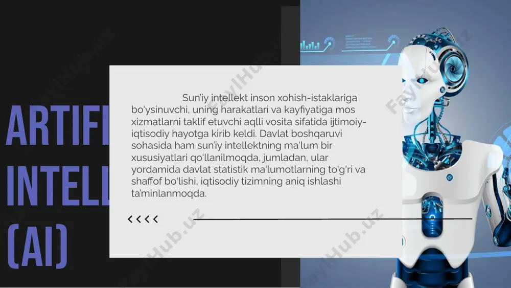 uzatuv texnologiyasini taklif qiladi. texnologiya shaharlarda videokameralar tarmog‘ini yaratadi va fuqarolarni biometrik xaritalaydi. bu odamlarni kuzatish hamda ular hayotini ma’lum bir kategoriyalar orqali baholashga xizmat qiladi. keyinchalik, bu ishlar inson huquqlarini toptalishiga sabab deya e’tirof etiladi. artificial intelligence (ai) oddiy vazifalarni avtomatik takrorlash. sining bu xususiyati ma’lum vazifalarni avtomatik ravishda takroran bajarish qobiliyati sanaladi. zamonaviy avtomobil zavodlarida ishlayotgan robotlar shu xususiyati tufayli mutlaqo nuqsonsiz avtomobillarni ishlab chiqarmoqda. turli jarayonlarni avtomatlashtirish nafaqat samaradorlikni oshirishni, balki qo‘shimcha xarajatlar kamayishini hamda xavfsiz mehnat muhitini ta'minlaydi. ma‘lumotlarni qabul qilish ma‘lumotlarni tartib asosida to‘plash, saqlash, qayta ishlash, uzatish va tahliliy xulosalarni chiqarishga yo‘naltirilgan si xususiyati. bu jarayon ko‘proq sun’iy neyron tarmoqlari yordamida amalga oshiriladi. chatbotlar audio yoki matn ko‘rinishidagi axborotlarni tahlil qilish orqali ularga javob qaytarish asosida murojaatchi muammolarini yechishga yo‘naltirilgan si xususiyati. ular qo‘llanish sohasiga oid savollarga to‘laqonli javoblarni taqdim eta oladi. masalan, ibm tomonidan si asosida yaratilgan watson assistant chatboti veb-sayt yoki turli …
