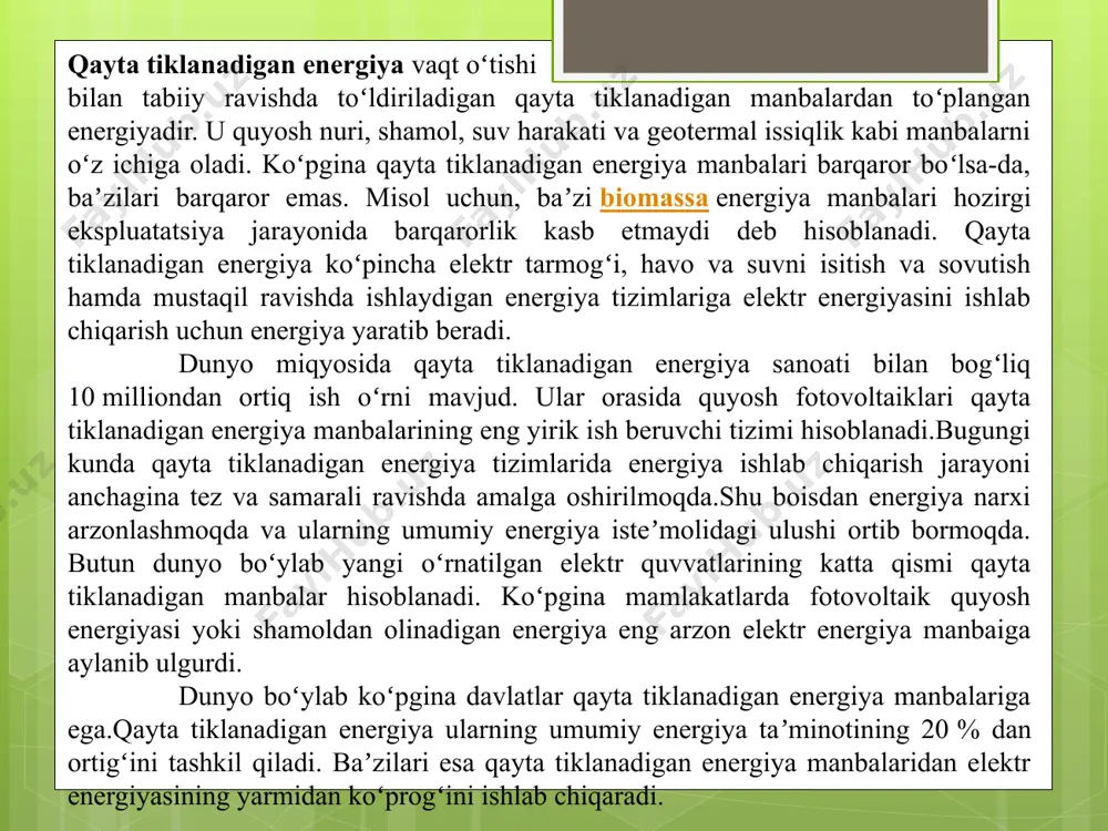 moddalariga, shu jumladan bioyoqilgʻiga aylantirilishi mumkin boʻlgan oʻsimlik yoki hayvon moddalarini oʻz ichiga oladi. sanoat biomassasini koʻp turdagi oʻsimliklardan, jumladan miskantus, oʻtlar, kanop, makkajoʻxori, terak, tol, joʻxori, shakarqamish, bambuk va evkaliptdan palma yog'igacha boʻlgan turli xil daraxt turlaridan olish mumkin. gidroenergetika yoki suv elektr energiyasi — bu suv energiyasidan (suv energiyasidan) ishlab chiqariladigan elektr energiyasi. gidroenergetika dunyo elektr energiyasining oltidan bir qismini, yaʼni 2020-yilda deyarli 4500 tvt /soatni taʼminlaydi, bu boshqa barcha qayta tiklanadigan manbalarni va atom energiyasidan ham jamlagandan ham koʻproqdir. gidroenergetika talab boʻyicha katta hajmdagi kam uglerodli elektr energiyasini taʼminlay oladi, bu esa uni xavfsiz va toza elektr taʼminoti tizimlarini yaratish uchun asosiy elementga aylantiradi. toʻgʻon va suv omboriga ega boʻlgan ges moslashuvchan manba hisoblanadi, chunki elektr energiyasiga boʻlgan talabning oʻzgarishiga javoban ishlab chiqarilgan elektr energiyasini soniya yoki daqiqada oshirish yoki kamaytirish mumkin. gidroelektrik majmua qurilgach, u toʻgʻridan-toʻgʻri chiqindi hosil qilmaydi va deyarli har doim qazib olinadigan yoqilgʻida …