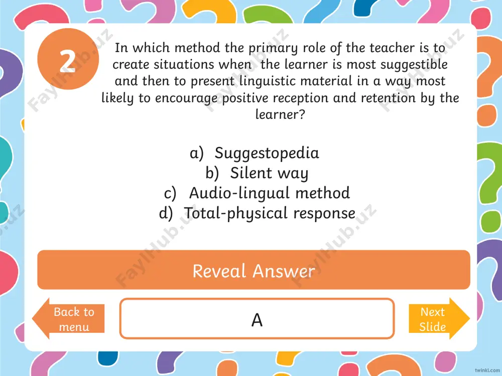 d bring order c back to menu next slide reading exercise music art reveal answer 14 the core text or the main textbook used in a specific class is a student's…… d back to menu next slide authentic text graded text activity coursebook reveal answer 15 d back to menu next slide equipment, supplies, supplementary materials etc. that teachers take to a class can be called…. authentic materials realia teaching technology teaching aids reveal answer 16 d back to menu next slide teachers use supplementary materials _______ a textbook or coursebook. instead of such as additional in addition to reveal answer 17 authentic materials used in a classroom are materials taken from…. d back to menu next slide a self-access center authorized sources library the real world reveal answer 18 d back to menu next slide which can be called an "authentic text"? a graded reader a grammar textbook course …