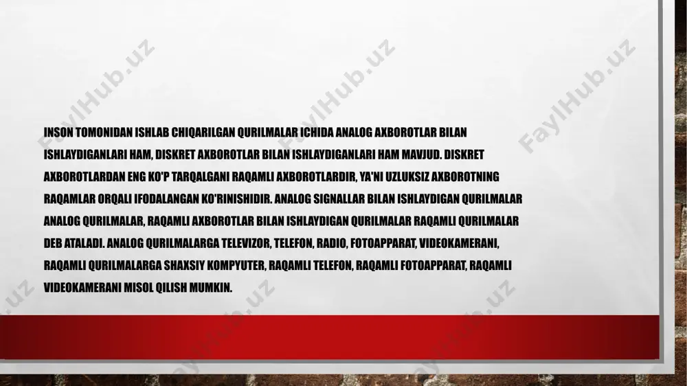 inga bo`lib, axborotni ikkita belgi yordamida kodlash nomini olgan. bu usul qisqacha qilib, ikkilik kodlash deb ham ataladi. bunda har bir raqam va alifbodagi belgi jahon andozalaridagi kodlash jadvali – ascii (american standard code for information interchange) jadvali yordamida ikkilik belgilar ketma – ketligida ifodalanadi. kodlash usullari ikkita – tekis va notekis turda bo`lishi mumkin. tekis usullarida bir xil xajmdagi belgilardan foydalanilsa, notekis usulda belgilar tuli hajmdagi belgilarni o`z ichiga oladi. kodlashning notekis usuliga morze alifbosi usullari misol bo`la oladi, chunki unda har bir harf va raqanga uzun va qisqa signallarning ikkilik ketma – ketligi mos keladi. masalan “y” harfiga birgina nuqta mos kelsa, “o” harfi uchun uchta tire mos keladi. bunday usul bilan axborotlarni uzatish mumkin bo`lsa-da, ularni qayta ishlash katta muammoli vazifadir. shuning uchun ham axborotlarni qayta ishlash vositasi hisoblash mashinalarida tekis kodlash usullaridan foydalaniladi. kompyuterlarda har bil belgiga 0 va 1 belgilarining ketma-ketligidan iborat sakkizta belgi mos …
