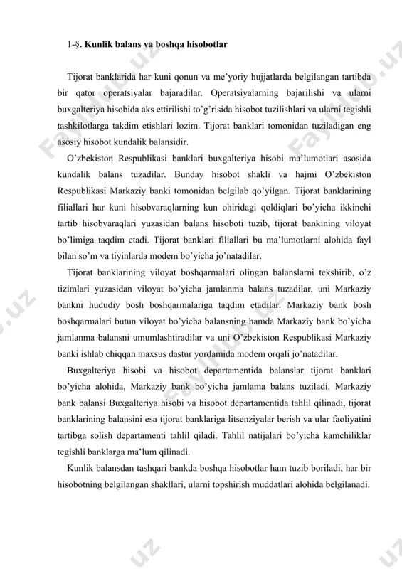 am tuzib boriladi, har bir hisobotning belgilangan shakllari, ularni topshirish muddatlari alohida belgilanadi. hisobotlarning maqsadi, topshirish muddatlari va shakllari «o’zbekiston respublikasi banklarida statistika hisobotlarini tashkil etish qoidalari» nomli 221-yo’riqnomada bayon etilgan. bu hisobot shakllariga qo’yidagilar ilova qilinadi: · 19909 - «tovar moddiy boyliklar va ko’rsatilgan xizmatlar uchun to’langan summalar» nomli‚ 29802 - «puli to’lanadigan hisobvaraqlar» nomli, 16505 - «bitkazilmagan qurilish» nomli hisobvaraqlar bo’yicha qoldiqlar qaydnomasi; · aniqlanguncha o’zaro hisob-kitoblar bo’yicha o’tkazilgan summalar qaydnomasi, shuningdek qaydnomaga «kliring transaktsiyalari degan 17301, 23202, «aniqlanish jarayonidagi transaktsiyalar 17305, 23206 hisobvaraqlar bo’yicha qoldiqda turgan har bir summa ham kiritiladi. yuqorida aytilgan hisobvaraqlarda qoldiq bo’lmasa, bu haqda balans hisobotiga yozib qo’yiladi. har bir hisobot shakli va qaydnomalarini bank rahbari hamda bosh buxgalteri mufassal ko’rib chiqishi va imzolashi kerak. kassa operatsiyalari bo’yicha hisobotlariga ulardan tashqari katta kassir yoki kassa mudiri ham imzo chekadi. banklarda xududiy viloyat boshqarmalari, shuningdek qoraqolpog’iston respublikasi boshqarmasi tegishlicha o’z banklariga hamda o’zbekiston respublikasi …
