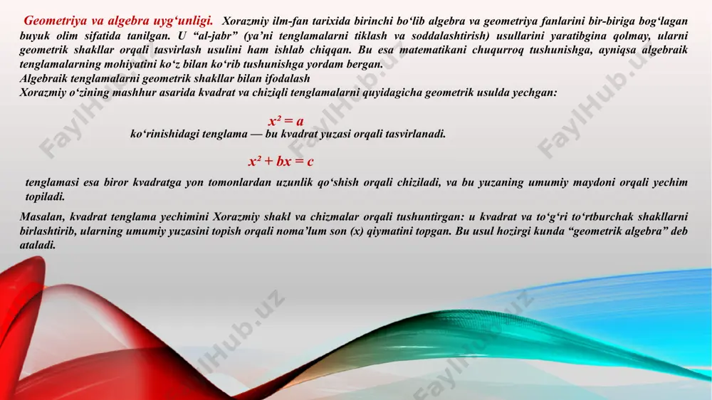da ham xorazmiy g‘oyalari zamonaviy fan va texnologiyada – kompyuter grafikasi, muhandislik, algoritmlar, sun’iy intellekt, va o‘qitish metodikalarida keng qo‘llanmoqda. uning ishlari yevropada asrlar davomida asosiy darslik sifatida o‘rganilgan va hozir ham ilm-fan poydevorini tashkil qilmoqda. xulosa qilib aytganda, xorazmiy geometriyasi — bu shunchaki tarixiy ilm emas, balki bugunning va kelajakning ilmiy taraqqiyotiga xizmat qilayotgan buyuk merosdir. bu merosni chuqur o‘rganish, qadrlash va undan ilhom olish har bir yosh avlodning burchidir. e’tiboringiz uchun rahmat!!! image2.png image3.png image4.png image5.png image6.png image7.jpeg image1.png