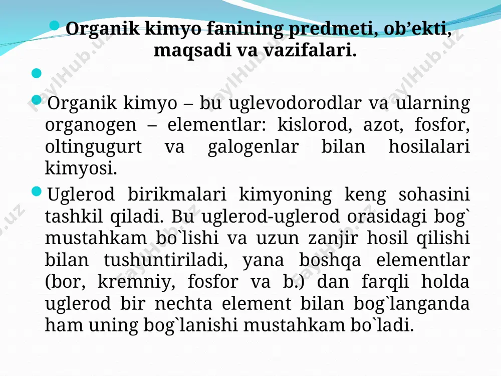 o`lgan materiallarni sistemalash qobiliyati; b) molekulada atomlarni tutib turuvchi kuch tabiatini (kimyoviy bog` tabiatini) tushuntirishi; v) borayotgan kimyoviy reaksiyalar, moddalarni kimyoviy va fizikaviy xossalarini tushuntirib bilish qobiliyati; g) kimyoviy reaksiyalarni va kimyoviy moddalarni yangi turlarini bashorat qila bilishi qabul qilinadi. radikallar nazariyasi: organik kimyoda birinchi bo`lib radikallar nazariyasi paydo bo`ldi. bu nazariyani paydo bo`lishiga y. bertseliusni anorganik kimyoda hukm surgan kimyoviy bog`larni elektrokimyoviy nazariyasi katta ta`sir ko`rsatdi. bu nazariyaga («dualistik nazariya») asosan barcha birikmalar qarama-qarshi zaryadlangan zarrachalardan (elementlardan) elektrostatik tortishuv natijasida hosil bo`ladi. organik birikmalarda bunday zarrachalar vazifasini nafaqat atomlar, balki radikallar deb ataluvchi atomlar guruhi ham bajaradi. organik kimyoda radikallar anorganik kimyodagi elementlar vazifasini bajarib, bir birikmadan ikkinchi birikmaga o`zgarmas holda o`tadi deb qabul qilindi. bunday birinchi radikal benzoy kislota, benzoilxlorid va benzaldegidda topilgan benzoil radikali bo`ldi (yu. libix, f. vyoler). radikallar nazariyasi birikmalarni sistematikalashga imkoniyat yaratdi, ayrim hollarda ularni xossalarini aytish imkonini berdi. bu nazariya yordamida bashoratlar qilish …