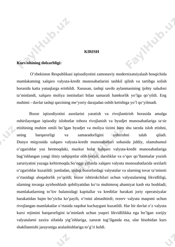 djet va moliya tizimi ham shu tarzda isloh etishni , uning barqarorligi va samaradorligini oshirishni talab qiladi . dunyo miqyosida xalqaro valyuta-kredit munosabatlari sohasida jiddiy , olamshumul oʼzgarishlar yuz bermoqdaki , mazkur holat halqaro valyuta-kredit munosabatlariga bagʼishlangan yangi ilmiy tadqiqotlar olib borish , darsliklar va oʼquv qoʼllanmalar yozish zaruriyatini yuzaga keltirmoqda.soʼnggi yillarda xalqaro valyuta munosabatlarida sezilarli oʼzgarishlar kuzatildi : jumladan , tashqi bozorlardagi valyutalar va ularning tovar taʼminoti oʼrtasidagi aloqadorlik yoʼqoldi ; bozor ishtirokchilari uchun valyutalarning likvidliligi , ularning tovarga ayirboshlash qobiliyatidan koʼra muhimroq ahamiyat kasb eta boshladi ; mamlakatlarning toʼlov balansidagi kapitallar va kreditlar harakati joriy operatsiyalar harakatidan hajm boʼyicha koʼpayib , oʼrnini almashtirdi ; rezerv valyuta maqomi uchun rivojlangan mamlakatlar oʼrtasida raqobat kuchaygani kuzatildi . har bir davlat oʼz valyuta kursi rejimini barqarorligini taʼminlash uchun yuqori likvidlilikka ega boʼlgan xorijiy valyutalarni zaxira sifatida yigʼishlariga , zarurat tugʼilganda esa , ular hisobidan kurs shakllannishi jarayoniga aralashishlariga toʼgʼri keldi . …