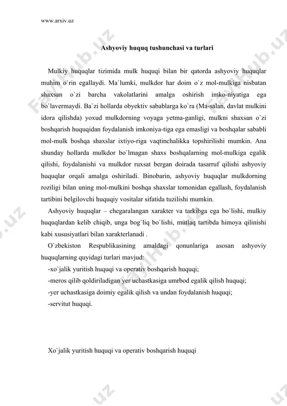 lgan davlat unitar korxonasi bu mol-mulkka fkda belgilanadigan doirada egalik qiladi, foydalanadi va uni tasarruf etadi. unitar korxona deyilganda, o`ziga biriktirib qo`yilgan mol-mulkka nisbatan mulkdor tomonidan mulk huquqi berilmagan tijoratchi tashkilot tushuniladi. unitar korxonaning mol-mulki bo`linmasdir va u qo`shilgan hissalar (ulushlar, paylar) bo`yicha, shu jumladan, korxona xodimlari o`rtasida ham taqsimlanishi mumkin emas (fk, 70-modda). xo`jalik yuritish huquqida mulkiy huquqlar o`z mazmuniga ko`ra ikki qismdan iborat bo`ladi: a) xo`jalik yuritish huquqi asosida korxonaga biriktirib qo`yilgan mol-mulkka nisbatan mulk egasining huquqlari fkning 177-moddasi 1 va 2-qismiga asosan bu huquqlar quyidagilardan iborat: –qonunga muvofiq korxona tashkil etish; –korxona faoliyat sohasini va maqsadlarini aniqlash; –korxonani qayta tashkil etish va tugatish masalasini hal qilish; –korxona direktorini (rahbarini) tayinlash; –korxonaga qarashli mol-mulkdan belgilangan maqsadlarda foydalanish va uning saqlanishini nazorat qilish; –xo`jalik yuritishda bo`lgan mol-mulkni ishlatishdan kelgan foydaning bir qismini o`ziga olish. mulkdorning ushbu huquqlari ayni vaqtda xo`jalik yurituvchi korxo-naning majburiyatlari hamdir. bunga asosan korxona xo`jalik yuritish …
