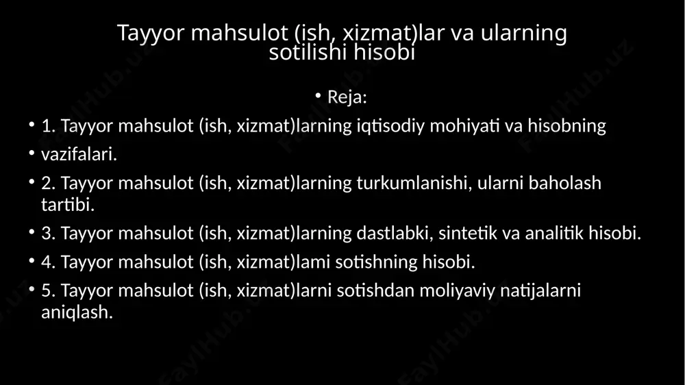 aks ettirish. 2. tayyor mahsulot (ish, xizmat)lar harakati bo‘yicha muomalalarni hujjat va registrlarda o‘z vaqtida va to ‘liq holda aks ettirish. 3. tayyor mahsulot (ish, xizmat)larni sotish bo‘yicha shartnomalarning o ‘z vaqtida tuzilishi va ularning bajarilishi ustidan nazorat. 4. mahsulot (ish, xizmat)larni ishlab chiqarish va sotishning har bir turi, hajmi va sifati bo‘yicha bajarilishi ustidan nazorat. 5. sotilgan mahsulot (ish, xizmat)lar bo‘yicha pul tushumining o ‘z vaqtida bo‘lishi yuzasidan nazorat. 6. sotilgan mahsulot (ish, xizmat)lar bo‘yicha moliyaviy natijani to ‘g‘ri aniqlash va hisobvaraqlarda aks ettirish. tayyor mahsulot (ish, xizmat)laming turkumlanishi, ularni baholash tartibi mahsulotlar ishlab chiqarish sohasi, qabul qilish manbalari va boshqa belgilariga ko‘ra turkumlanishi mumkin. 1. mahsulot ishlab chiqarish sohasiga ko‘ra: — o‘simlikchilik mahsuloti; — chorvachilik mahsuloti; — sanoat va yordamchi ishlab chiqarishlar mahsuloti. 2. mahsulotlar kelib tushish manbasiga ko‘ra: — o‘zida ishlab chiqarilgan mahsulot; — chetdan (savdo tarmoqlari, tovar bazalari va boshqa xo‘jaliklardan) sotib olingan mahsulotlar. 3. mahsulotlar …