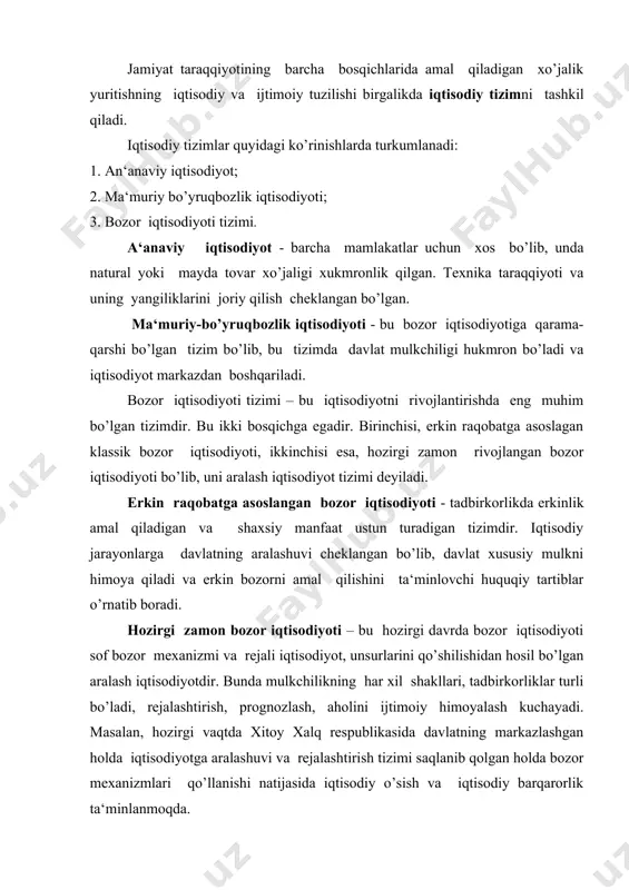‘ektlari va sub‘eklari iqtisodiyotni shakllantirish jarayonida kishilarni narsalarga va barcha moddiy va nomoddiy borliqqa munosabatining paydo bo’lishi mulkchilikni keltirib chiqaradi. aytish mumkinki, mulkchilik munosabatlari – bu iqtisodiy va doimiy kategoriya bo’lib, bu mulkka egalik qilish, foydalanish, o’zlashtirish va tasarruf etish jarayonlarida vujudga keladigan iqtisodiy munosabatlar majmuidir. mulkka egalik qilish – bu mulkni egasi qo’lida mavjud bo’lishidir va yaratilgan moddiy boyliklarni o’zlashtirishning ijtimoiy shaklidir. shuning bilan bir qatorda mulk kishiga boshqa kishilar foydalanishi mumikn. mulkdan foydalanish – bu mol-mulkning iqtisodiy faoliyatda ishlatilishini bildiradi. mol-mulkni o’zlashtirish - bu daromad olish uchun yoki shaxsiy ehtiyojni qondirish uchun ishlatilishidir. mulkni tasarruf etish – bu mol–mulk taqdirini mustaqil hal etishni bildiradi. bu mustaqillik mol-mulkni sotish, meros qoldirish, hadya qilish, ijaraga berish, davlat ixtiyoriga o’tkazish kabi ko’rinishlardan iboratdir. mulkchilikning munosabatlarining iqtisodiy mazmunini mulkka egalik qilish, foydalanish, o’zlashtirish va tasarruf etish belgilaydi va jamiyatdagi huquqiy, iqtisodiy munosabatlar mazmunini o’zida ifodalaydi. mulkchilik shu sababli bir vaqtning o’zida ham …