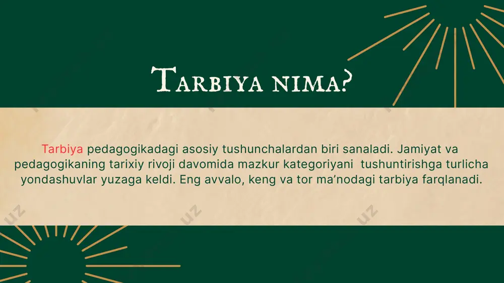 s qilish, tushunish va yaratish ko'nikmalarini shakllantirish. estetik tarbiyaning vazifalari 1) o’quvchilami san’atdagi, atrofimizdagi go'zallikni his qila olishga o'rgatish; 2) voqelikka estetik munosabatni qaror toptirish; 3) estetik didni, go'zallikni baholash qobiliyatini tarbiyalash. estetik madaniyatning tarkibiy qismlari: shaxsni voqelikni estetik jihatdan bilib olishga undovchi subyektiv omillar estetik ehtiyoj deb ataladi. ijtimoiy voqelik, tabiat, san’at bilan bevosita muloqot jarayonida-nazariyalar, qarashlar, badiiy ta’lim va tarbiya natijasida shakllanadigan xususiyat estetik ong deb ataladi. shaxsning aniq bir estetik hodisaga munosabatini ifoda etuvchi aqliy harakati estetik mulohaza deb ataladi. shaxsning estetik faoliyatiga, voqelik va san’at asarlarini estetik jihatdan oʻzlashtirishga kirishishi estetik qiziqish deyiladi. shaxsning tabiat, jamiyat va san’atdagi maqsad tarzida idrok etadigan, takomillashgan go‘zallik borasidagi bahosining aks etishi estetik ideal deb ataladi. estetik axborotlar oqimi, estetik va axloqiy normalar yig‘indisi orqali shakllanadigan va shaxsning narsa-buyum, hodisalarga estetik baho berishida yaqqol namoyon boladigan hodisa estetik did deb ataladi estetik madaniyatning tarkibiy qismlari tarbiyaviy faoliyatning shunday shakllari borki, …