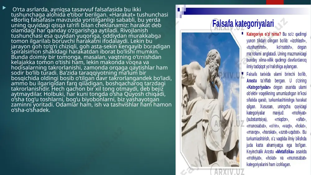 yniyat va tafovutning zidligi va ularning bir maxrajga kelishi, me’yoriy o‘zgarishlar tufayli rivojlanish, taraqqiyot, yangilanish jarayonlari amalga oshadi. inkorni inkor qonuni dialektikaning asosiy qonunlaridan biri. tabiat, jamiyat va tafakkur taraqqiyoti jarayonining yoʻnalishini, shaklini va natijasini ifodalaydi. birinchi boʻlib gegel rivojlanish qonuni sifatida taʼriflab bergan. inkor har qanday taraqqiyotda muqarrar va qonuniyatli ravishda sodir boʻladigan jarayon (moment)dir. hech bir sohada oʻzining ilgarigi mavjudlik shakllarini inkor qilmaydigan taraqqiyot boʻlmaydi. gegel fikricha, “ichki inkor” taraqqiyotning harakatlantiruvchi kuchidir. dialektik inkorning obyektiv harakteri shundaki, u har bir narsa va hodisaning oʻz ichida, ularning ichki zaruriyatidan kelib chiqadi va har qanday yemirilish va yoʻq boʻlish (inkor)ni ifodalamay, balki taraqqiyot uchun zamin boʻlib xizmat qiladigan inkorni ifodalaydi. bu qonunning ikki marta takrorlanuvchi inkorda (inkorni inkor) ifodalanishi narsa va hodisalarning doimiy ravishda oʻzgarib, bir holatdan ikkinchi holatga oʻtishi va oqibatda rivojlanishi uzluksiz ekanligidan kelib chiqadi taraqqiyot shu ma’noda ayniyat, tafovut va ziddiyatlarning paydo bo‘lishi, rivojlanishi va hal qilinishidan …