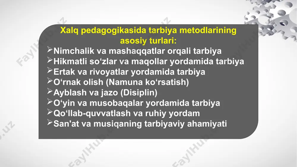 atga bo‘lgan munosabatni o‘zlashtiradilar. ijtimoiy hayotga tayyorlash: xalq pedagogikasi bolalarni jamiyatda o‘z o‘rnini topishga, ijtimoiy mas'uliyatni anglashga, jamiyatga foydali fuqarolar bo‘lishga tayyorlaydi. milliy madaniyatni saqlash va rivojlantirish: xalq pedagogikasi xalqning madaniyatini, an'ana va urf-odatlarini bolalarga o‘rgatish orqali milliy identifikatsiyani mustahkamlashga yordam beradi. mehnatga o‘rgatish: mehnat xalq pedagogikasida katta o‘rin tutadi. o‘quvchilarga mehnatni qadrlash, o‘z mehnati orqali hayotini qurish va jamiyatda o‘z o‘rnini topish o‘rgatiladi. xalq pedagogikasida ishlatiladigan asosiy metodlar: naql va hikmatlar ertaklar mehnat tarbiyasi o‘yinlar va marosimlar o‘rnak olish (namuna ko‘rsatish) naql va hikmatlar: xalq pedagogikasi hikmatlar, maqollar va aforizmlar orqali bolalarga hayotiy saboqlar berishning samarali vositasini topgan. bu metodlar bolalarga axloqiy qadriyatlarni o‘rgatishda qo‘llaniladi. ertaklar: ertaklar bolalarni axloqiy, ma'naviy va ijtimoiy tarbiya qilishda keng qo‘llaniladi. ertaklar orqali bolalar yaxshi va yomon, to‘g‘ri va noto‘g‘ri yo‘llarni ajratishni o‘rganadilar. mehnat tarbiyasi: mehnat qilish xalq pedagogikasida asosiy tarbiya vositasidir. bolalar kichik yoshlaridayoq uy-ro‘zg‘or ishlariga jalb qilinadi, ular mehnatni qadrlashni, o‘z kuchiga …