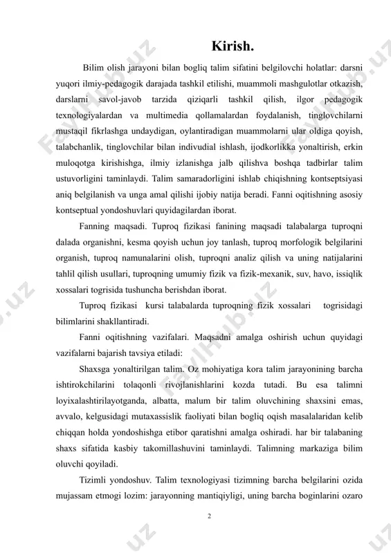 barcha ishtirokchilarini tolaqonli rivojlanishlarini kozda tutadi. bu esa talimni loyixalashtirilayotganda, albatta, malum bir talim oluvchining shaxsini emas, avvalo, kelgusidagi mutaxassislik faoliyati bilan bogliq oqish masalalaridan kelib chiqqan holda yondoshishga etibor qaratishni amalga oshiradi. har bir talabaning shaxs sifatida kasbiy takomillashuvini taminlaydi. talimning markaziga bilim oluvchi qoyiladi. tizimli yondoshuv. talim texnologiyasi tizimning barcha belgilarini ozida mujassam etmogi lozim: jarayonning mantiqiyligi, uning barcha boginlarini ozaro boglanganligi, yaxlitligi bilim olish va kasb egallashning mukammal bolishiga hissa qoshadi. faoliyatga yonaltirilgan yondoshuv. shaxsining jarayonli sifatlarini shakllantirishga, talim oluvchining faoliyatini jadallashtirish va intensivlashtirish, oquv jarayonida barcha qobiliyat va imkoniyatlarni, tashabbuskorlikni ochishga yonaltirilgan talimni ifodalaydi. egallangan bilimlarning konikma va malakaga aylanishi, amaliyotda tadbiq etilishiga sharoit yaratadi. dialogik yondoshuv. bu yondoshuv oquv jarayoni ishtirokchilarining psixologik birligi va ozaro munosabatlarini yaratish zaruriyatini bildiradi. uning natijasida shaxsning oz-ozini faollashtirishi va oz-ozini korsata olishi kabi ijodiy faoliyati kuchayadi. oqituvchi va talabaning qamkorlikdagi talimiy faoliyat yuritishiga zamin yaratadi. hamkorlikdagi talimni tashkil etish. …
