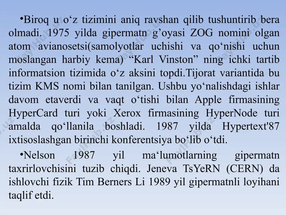ar aloqa kanallari birlashuvining mantiqiy sxemasi. lokal tarmoqlarida ko‘pincha quyidagi uch asosiy topologiyaning biridan foydalaniladi: monokanalli, aylanma yoki yulduzsimon. boshqa ko‘pgina topologiyalar shu uchtasidan kelib chiqadi. tarmoq uzellarining kanalga kirish ketma-ketligini aniqlash uchun kirish uslubining o‘zi zarur. kirish uslubi - bu moddiy darajada uzellarni birlashtiruvchi ma’lumotlarni uzatish kanalidan foydalanishni belgilovchi qoidalar to‘plamidir. lokal tarmoqlarida eng keng tarqalgan kirish uslublari ethernet, trken-ring, arenet sanaladi. tarmoq platalari moddiy qurilma bo‘lib, har bir kompyuter tarmog‘iga o‘rnatiladi va tarmoq kanallari bo‘yicha axborot uzatish hamda qabul qilishni ta’minlaydi. lxt topologiyasi - bu tarmok uzellari birlashuvining o‘rtacha geometrik sxemasi. xisoblash tarmoqlari topologiyasi turlicha bo‘lishi mumkin, lekin lokal xisoblash tarmog‘i uchun uchta tur umumiy xisoblanadi. bular: aylanma, shinali va yulduzsimon turlardir. ba’zan soddalashtirib aylana, shina, yulduz degan atamalar ishlatiladi. biroq bu atamalar topologiya turi tom ma’noda aylana, to‘g‘ri chiziqli yoki aynan yulduz shaklida degan fikrni bildirmaydi. html bilan bog’liq asosiy tushunchalar gipermatn nafaqat ma‘lumotlardan iborat bo‘ladi, unda …