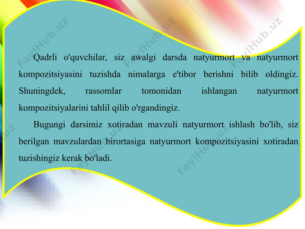 kuzating. asarlardagi afsonaviy voqea va obrazlardan rassom tuzgan kompozitsiyani tahlil qiling. rassom g'oyasi va fikrini o'rganing. 33-amaliy mashg'ulot o'zingiz bilgan afsonaviy asar mavzusini tanlang. mavzu asosida afsonaviy obraz va voqea aks etgan sujetlarning xomaki chizgilanni ishlang. misol uchun, semurg', bunyod va parizot afsonasi uchun sujet tanlashimiz mumkin. sujetda afsonaviy obrazlar harakatini aks ettiramiz. bunyod bilan devning jangi chizadigan kartinamiz uchun bir sujet bo'la oladi. 118-rasm. pavel voronkin. nodiraning she'rlar kitobiga illyustratsiyalar. mening san'atim tengdoshlarim nigohida (yakuniy dars) o'quvchilarning tasviriy san'at faniga bo'lgan qiziqishlarini oshirishda, ularning ijodiy ishlarini rag'batlantirishda, o'quvchilar egallagan bilim, ko'nikma, malakalarni mustahkamlashda yakuniy dars jarayonida tashkil etiladigan ko'rgazmalarning ahamiyati kattadir. o'quvchilar ishlaridan ko'rgazma tashkil etishning bir necha turlari bor: o'quvchilarning dars jarayonida bajargan eng yaxshi ishlari bo'yicha xirniimiy tanlab olingan rasmlar ko'rgazmasi; tasviriy san'at to'garagiga qatnashadigan maktabdagi iqtidorli bir necha o'quvchilar ishlaridan tashkil topgan rasmlar ko'rgazmasi; maktab miqyosida tasviriy san'atdan mavzu bo'yicha tanlov e'lon qilinib, tanlovga yig'ilgan namunali …