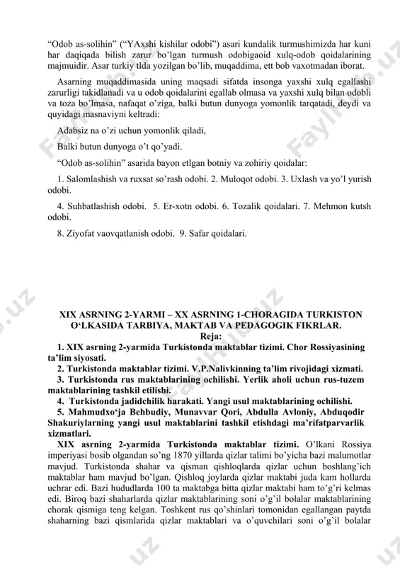. o’zining butun faoliyat davomidaxalqimiz orzu-umidlarini ro’yobga chiqarishga harakat qilgan jahon otn xalqimizning oqila qizlarini tarbiyalash, go’zal hayotga erishishning birdan-bir yo’li deb o’ylab, o’zining butun umrini yosh qizlarga talim-tarbiya berish bag’ishladi. o’z maktabida qizlarga boshlang’ich talim berar ekan, jahon otn ularning zehnini o’strishga kattaahamiyat beradi. otn o’z shogirdlariga savod o’rgatbgina qolmay, ular orasidan iqtdorli qizlarni tanlab sharq sheriyat bilan tanishtradi. qizlarni nazm bo’stonigaetaklaydi. atoqli zullisonayn shoira dilshodi barno 50 yildan ortq muallimalik qilib, qizlargaxat-savod o’rgatdi, tabi nazm qizlarga sheriyat ilmidan dars berdi. dilshod o’z maktabida yosh qizlarni tarbiyalar, ulargaxat-savod o’rgatar va ularni chuqur bilim egasi qilib chiqarishga intlar edi. shu bilan birga, yosh istedodli qizlarga o’zbek, tojik mumtoz adabiyot namoyondalarining asarlarini ham o’rgatar va ularni nafosat ruhida tarbiyalab, o’z zamonasining ilg’or kishilari qilib etshtrishga harakat qilgan. munis xorazmiyning “savodi ta’lim” asari – husnixatga doir dastlabki qo’llanma sifatida. munis o’z davrining etuk murabiy shoiri sifatda bolalarning savodxonligini va husnixatni yaxshilash yo’lida …