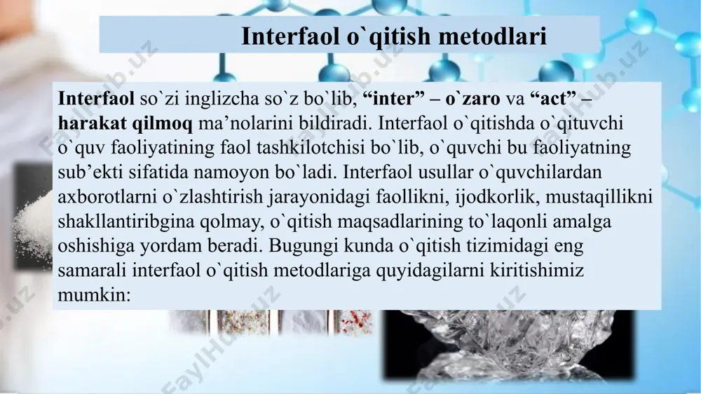a + 7 maltoza + 8 glyukoza + 9 fruktoza + 10 selluloza + 11 mannoza + 12 inulin + 13 riboza + 14 ksiloza + 15 arabinoza + venn-diagrammasi umumiyligi: har ikkisi ham kislorod ta’sirida yonadi yoqilg`i sifatida foydala niladi, neft mah suloti ikki qismli kundalik metodi sitata sharx “tabiatda barcha o`zgarishlar mohiyati shuki, bir jismdan qancha olinsa, boshqasiga shuncha qo`shiladi” m. v. lomonosov 1784 yil kimyoviy reaksiyaga kirishadigan moddalarning massasi reaksiya natijasida hosil bo`ladigan moddalar massasiga teng. ya’ni h2so4 + 2koh = k2so4 + 2h2o ya’ni 210 g = 210 g “har qanday kimyoviy toza modda qayerda bo`lishidan va qanday usulda olinishidan qat’iy nazar doimo bir xil sifat va miqdor tarkibiga ega bo`ladi” j. prust 1808 yil osh tuzi nacl misolida sharxlaymiz: a) 2na + cl2 = 2nacl b) naoh + hcl = nacl + h2o 2 ta reaksiya bilan hosil qilingan naclda 1 atom na ga 1 …