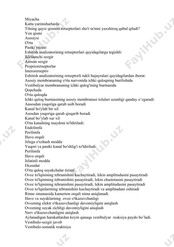 ima? xid biluv epiteliyining umumiy elektr faolligini qayd etish gipotalamus yadrolarining selektiv elektr faolligini ro'yxatga olish limbik shakllanishlarning umumiy elektr faolligini ro'yxatga olish xushbo'y moddaning selektiv elektr faolligini ro'yxatga olish tam analizatorining markazi qayerda joylashgan? postcentral egetning pastki qismida oksipital egatda yuqori temporal egatda yuqori frontal egatda odamda ta'm analizatorining maqsadi nima? oziq-ovqat va oziq-ovqat bo'lmagan maxsulotlarni farqlash. tuprik shakllanishini rag'batlantirish ovqat hazm qilish sekretsiyasini hosil qilish shartli reflekslarning shakllanishi
