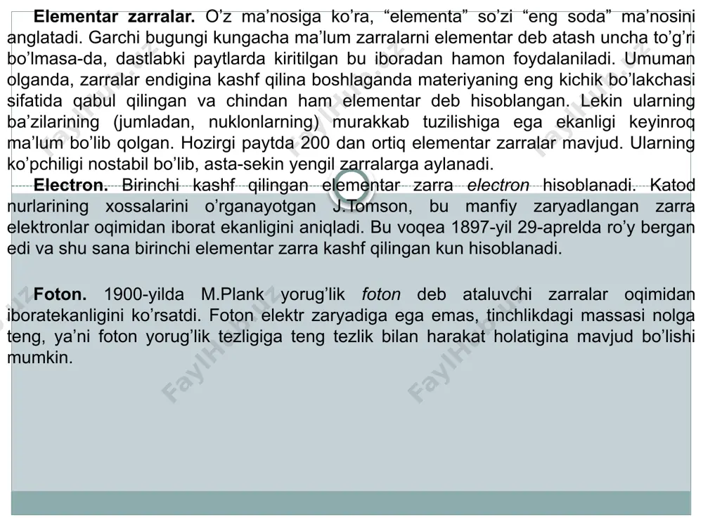 tall silindr (katod) va uning o’qi bo’ylab tortigan ingichka sim (anod)dan iborat bo’ladi. qayd etiladigan zarra elektrodlar orasidan o’tganda gazni ionlashtiradi. bu ionlar esa gaz, devor atomlari va molekulalar bilan to’qnashib, ularni ikkilamchi ionlashtiradi. umuman olganda, ikki xil gaz razryadli hisoblagich mavjud. birinchisi, proporsional hisoblagich deyilib, unda gaz razryadli nomustaqil bo’ladi. geyger – myuller hisoblagichi deb ataluvchi ikkinchi xil hisoblagichda esa gaz razryadli mustaqil bo’ladi. geyger – myuller hisoblagichlarining ajrata olish vaqti 10-3-10-7 s ni tashkil qiladi, ya’ni shunday vaqt oralig’ida tushgan zarralar qayd qilinadi. gaz razryadli hisoblagichlarning razryadlangan zarralarni qayd etish unumdorligi 100 % bo’lsa, γ- kvantlar uchun 5% tashkil etadi. vilson kamerasi. kamera 1911- yilda ingiliz fiziigi ch.vilson tomonidan yaratilgan. u tez uchib ketayotgan zarralarning bug’simon holatdagi moddadan o’tganida, shu modda molekulalarini ionlashtirishiga asoslangan. vilson kameraning ishchi hajmi (l) suvning yoki spirtining to’yingan bug’i bo’lgan havo yoki gaz bilan to’ldirilgan. porshen (2) pastga qarab tez harakatlanganda 1 hajmidagi …