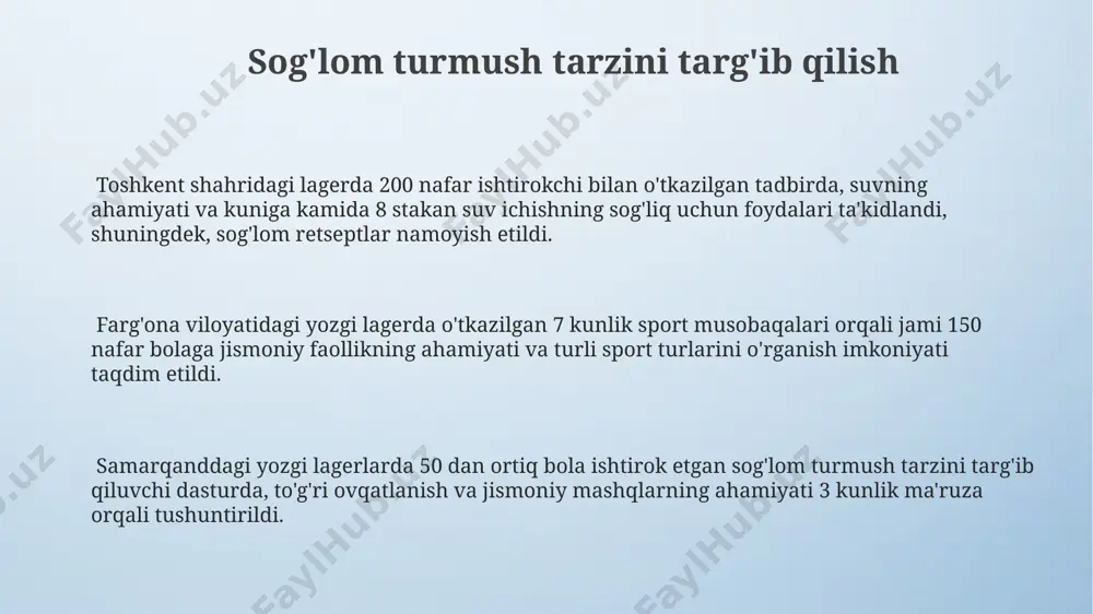 l qilish orqali, bolalar muammolarni tahlil qilish va kreativ echimlar topishni o'rganadilar. toshkentdagi lagerda 8-10 yoshli bolalarga 30 ta matematik muammo taqdim etilib, ularni guruhlarda muhokama qilish va birgalikda echim topish orqali hamkorlik ko'nikmalarini oshirishga qaratilgan. samarqanddagi yozgi lagerda 5-7 yoshli bolalar uchun 20 ta mantiqiy muammoni yechish bo'yicha mashg'ulotlar o'tkazish, ularning muammo hal qilish qobiliyatlarini rivojlantirishga qaratilgan. badiiy ijod va ijodiy faoliyat samarqanddagi yozgi lagerlarda 5-7 yoshli bolalar uchun 20 dan ortiq badiiy ijod darslari o‘tkazilib, ularning qo‘l mehnati va tasavvur qobiliyatlarini rivojlantirishga qaratilgan. farg‘ona viloyatining 15 ta yozgi lagerida 8-12 yoshli bolalar uchun 15 ta ijodiy loyiha, jumladan, teatrlashtirilgan tomoshalar va qo‘g‘irchoq teatri sahnalashtirishlari amalga oshirildi. toshkent shahridagi 10 ta yozgi lagerda “badiiy ijod va ijodiy faoliyat” dasturi doirasida 30 dan ziyod turli hunarmandchilik, rasm va musiqa mashg‘ulotlari o‘tkazildi. mavzu tanlash va rejalashtirish ёзги оромгоҳлар учун 5 ёшдан 12 ёшгача бўлган болаларни ҳисобга олган ҳолда, тошкент шаҳридаги мавзуларни …
