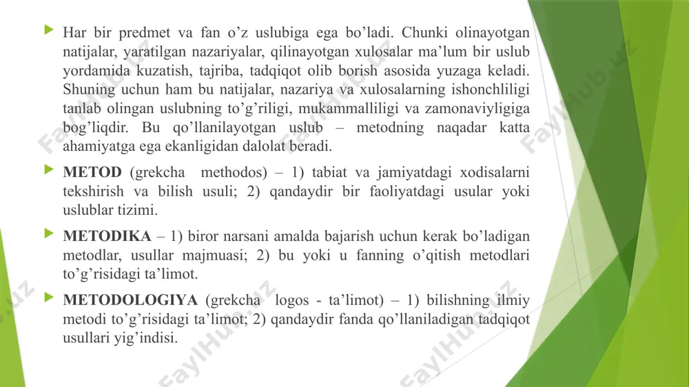 lekin shu bilan birga agrokimyoviy tekshirish usullari fani kimyo, fizika, matematika, o’simliklar fiziologiyasi, tuproqshunoslik, mikrobiologiya kabi fanlarning uslublaridan ham foydalanadi. bu uslublar o’simlik va tashqi muhit sharoitida olib boriladigan kuzatishlar bilan birgalikda ilmiy agronomiyaning muhim instrumentlarini tashkil qiladi. agrokimyoviy uslublar ikkita guruhga bo’linadi: biologik va iqtisodiy – statistik. biologik uslublar o’z navbatida: dala, fiziologik, agrokimyoviy va laboratoriya uslublariga bo’linadi. dala tajribalariga: qisqa muddatli, uzoq mudatli stasionar, ishlab chiqarish, geografik, kichik paykalli, ko’chib yuruvchi kabi tajribalar kiradi. fiziologik – agrokimyoviy uslublarga: vegetasion (uychalarda, pavilon), lizimetrik va fitotronda o’tkaziladigan tajribalar kiradi. laboratoriya uslublariga: kimyoviy, fizik-kimyoviy uslublar kiradi. ular ham o’z navbatida: fotometrik, xromatografik, mass-spekrometrik, atom-absorsion spektrofotometriya kabilar kiradi. agrokimyoviy dala tajribasi bu o’g’itlarning qo’llash dozasi, muddati, uslubi, shakli, turi, nisbatini konkret tuproq-iqlim sharoitida qishloq xo’jalik ekinlari hosildoriligiga va mahsulot sifatiga, tuproq unumdorligi va dehqonchilikda moddalarning aylanishiga ta’sirini aniqlash maqsadida dala sharoitida maxsus ajratilgan uchastkada tadqiqot ishlarini amalga oshirishdan iborat. dala tajribasi har …