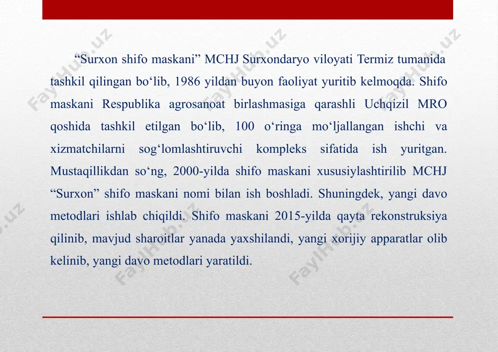 apevtik davo muolajalarini statsionar hamda ambulator sharoitda o’tkazishdir. “surxon shifo maskani” tashqi ko’rinishi. “surxon shifo maskani” ko’rinishi. manba: “surxon” shifo mchj hisoboti bundan tashqari shifo maskanida qonni lazer va ultrabinafsha nurlari yordamida tozalash, to‘g‘ri turmushtarzini olib borish kabi qo‘shimcha xizmatlari ham mavjud. men malakaviy amaliyotimni surxondaryo viloyati termiz tumanidagi mchj “surxon” shifo maskanida o’tadim. amaliyotni menejerlik bo’limida olib bordim. birinchi navbatda men menejerning ushbu shifo maskanidagi vazifalari bilan tanishdim va unga yordamchi sifatida amaliyot o‘tashga qabul qilindim. menga amaliyot rahbari sifarida “surxon” shifo maskani direktori l.hakimova tayinlandi. o‘quv amaliyotining birinchi haftasi tanishuv haftasi bo‘ldi. men bu vaqt davomida shifo maskanida yuritilayotgan menejer va marketologga oid hujjatlarni o‘rganish bilan shug‘ullandim. ikkinchi haftada esa hisob fakturalarni elektron tarzda yagona elektron milliy katalogi “e-invoice”sayti orqali kiritilishihaqida batafsil ma’lumotlarga ega bo‘ldim. shuningdek, tabelga muvofiq holda ishchilarga oylik maosh hisoblash, ularning maoshlaridan daromad solig‘i (12%) hamda kasaba uyushmasiga ajratiladigan badal (1%)larni hisoblashni o‘rgandim. bundantashqarichoraklik hamda …
