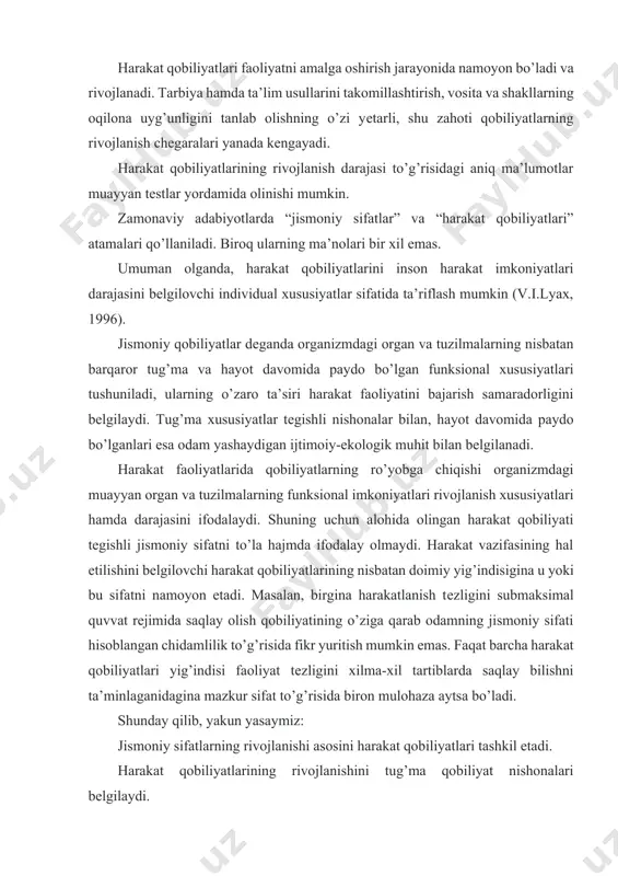 idamlilik to’g’risida fikr yuritish mumkin emas. faqat barcha harakat qobiliyatlari yig’indisi faoliyat tеzligini xilma-xil tartiblarda saqlay bilishni ta’minlaganidagina mazkur sifat to’g’risida biron mulohaza aytsa bo’ladi. shunday qilib, yakun yasaymiz: jismoniy sifatlarning rivojlanishi asosini harakat qobiliyatlari tashkil etadi. harakat qobiliyatlarining rivojlanishini tug’ma qobiliyat nishonalari bеlgilaydi. jismoniy sifatlar xilma-xil harakat vazifalarini hal etish orqali rivojlantiriladi, harakat qobiliyatlarini rivojlantirish uchun esa harakat faoliyatlarini bajarish lozim. l.p.matvеyеv “jismoniy sifatlar” va “jismoniy qobiliyatlar” tushunchalarini ko’rib chiqar ekan, falsafadagi “sifatlar” va “xusu- siyatlar” tushunchalari orasidagi nisbatga murojaat qiladi. xususiyatlar yig’indisi sifatni ifodalaydi. yoxud, jismoniy tarbiya nazariyasi va usuliyatida – harakat qobiliyatlari yig’indisi jismoniy sifatni ifodalaydi. “harakat sifati – har xil harakat qobiliyatlarining sifat jihatdan aniqligini aks ettiruvchi tushunchadir”. shunday qilib, harakat faoliyati amalga oshira boshlanguniga qadar qobiliyatlar niqoblangan, ro’yobga chiqmagan holda, anatomikfiziologik qobiliyatlar nishonalari ko’rinishida, yoki yashirin imkoniyatlar shaklida mavjud bo’lib, ular tеgishli sharoit yaratilmasa, shunchaki imkoniyat sifatida qolib kеtishi mumkin. qobiliyatlar bir yoki bir nеcha …