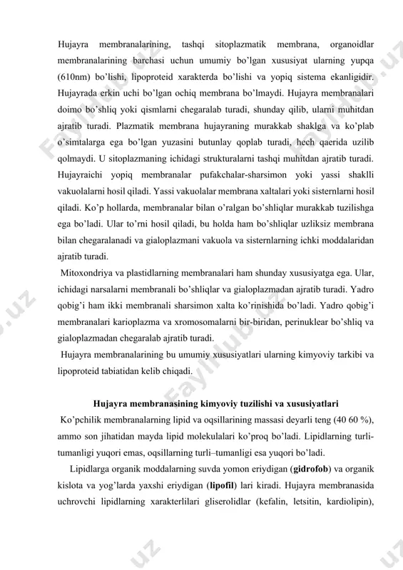 ri bo’ladi. lipidlarga organik moddalarning suvda yomon eriydigan (gidrofob) va organik kislota va yog’larda yaxshi eriydigan (lipofil) lari kiradi. hujayra membranasida uchrovchi lipidlarning xarakterlilari gliserolidlar (kefalin, letsitin, kardiolipin), sfingolipidlar (sfingomielin, serebrozid) va xolestrinlardir. o’simlik hujayralarida xolestrin topilgan emas,ularda fitosterinlar uchraydi. bakteriyalarda sterinlar bo’lmaydi. membrana lipidlarining xarakterli xususiyati shundan iboratki, ularning molekulasi ikkita funksional qismlarga ajraladi: yog’ kislotalaridan tashkil topgan qutbsiz, zaryad ushlamaydigan dum va zaryadli qutbli boshchalarga (12 rasm). 12-rasm.membrana lipid qavatining tuzilishi qutbli bosh qismi o’zida manfiy zaryadni ushlaydi yoki neytral (bir vaqtni o’zida ham musbat, ham manfiy zaryadlar ushlovchi) bo’lishi mumkin. lipidlarning qutbsiz dum qismni ushlashi ularning yog’ va organik kislotalarda yaxshi erishini ko’rsatadi. agar qutbli lipidlarni suv bilan aralashtirilsa misellalalardan tuzilgan emulsiya hosil bo’ladi. bunda zaryadsiz (gidrofob) dumlar misella markazida bir xil fazani hosil qiladi, zaryadlangan gidrofil boshcha suv fazasiga chiqib turadi. xolestrinning o’zi misella hosil qilmaydi, ammo qutbli lipidlar misellasiga osongina bog’lanib aralash tipdagi misellalarni hosil …