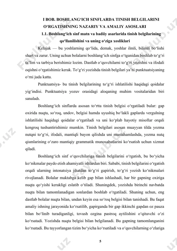 olalar maktabga kelib gap bilan ishlashadi, har bir gapning oxiriga nuqta qoʻyishi kerakligi eslatib oʻtiladi. shuningdek, yozishda birinchi navbatda nuqta bilan tamomlanadigan sonlardan boshlab oʻrgatiladi. shuning uchun, eng dastlab bolalar nuqta bilan, undan keyin esa soʻroq belgisi bilan tanishadi. bu faqat amaliy ishning jarayonida koʻrsatilib, gapirganda bir gap ikkinchi gapdan oz pauza bilan boʻlinib turadiganligi, tovush ozgina pastroq aytilishini oʻqituvchi oʻzi koʻrsatadi. yozishda nuqta belgisi bilan belgilanadi. bu gapning tamomlanganini koʻrsatadi. bu tayyorlangan tizim boʻyicha koʻrsatiladi va oʻquvchilarning oʻzlariga ayttirib, oʻrgatilib boriladi. oʻqitish jarayonida oʻquvchilar nuqta, soʻroq belgisi, koʻp nuqta, vergul, undov belgilari bilan tanishadi. sodda bir necha topshiriqlardan keyin ularda koʻnikma paydo boʻlib, ularning ayirmasini tushunib boradi. tinish belgilari gap qismlarining oʻzaro logik-gramatik munosabatlarini koʻrsatishda muhim grafik vosita sifatida ishlatiladi. punktuatsiya, bir tomondan yozuvchiga oʻz yozma nutqini aniq, toʻgʻri va ifodali bayon etish imkoniyatini bersa, ikkinchi tomondan, oʻquvchiga muayyan matndagi fikrni yozuvchi bayon etganidek, yozuvchining maqsadiga muvofiq tushuna olish …