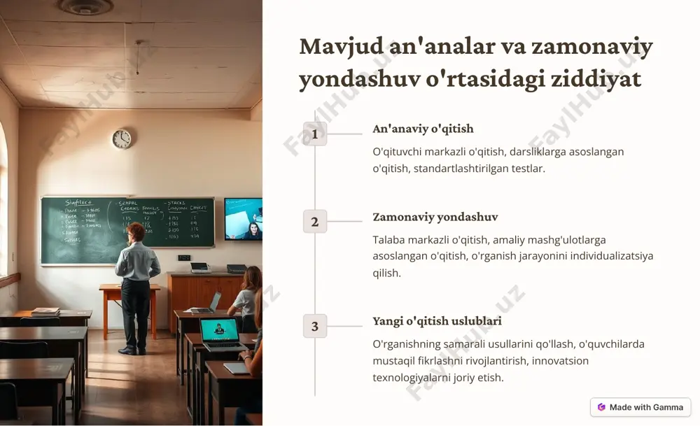 h-gamma ta'lim tizimida ijtimoiy tengsizlik va adolatlilik muammolari 1 ijtimoiy tengsizlik har bir talaba ta'lim olish imkoniyatlariga teng darajada ega emas, ba'zi talabalar ta'limga kirish uchun ko'proq imkoniyatlarga ega. 2 adolatlilik ta'lim tizimi barcha talabalarga teng imkoniyatlarni taqdim etishi, ularning shaxsiy ehtiyojlarini qondirishi va ularni o'z qobiliyatlariga qarab rivojlanishga yordam berishi kerak. 3 yechimlar ijtimoiy tengsizlik va adolatsizlik muammolarini hal qilish uchun ta'lim tizimini takomillashtirish, o'quv resurslarini taqsimlashni qayta ko'rib chiqish, ta'limga kirish imkoniyatlarini kengaytirish va o'qituvchilarning malakasini oshirish kerak. https://gamma.app/?utm_source=made-with-gamma ziddiyatlarni hal qilish uchun tavsiyalar muloqotni kuchaytirish o'qituvchilar, o'quvchilar, ma'muriyat va ota-onalar o'rtasidagi o'zaro muloqot va hamkorlikni kuchaytirish. moslashuvchanlik o'zgarishlarga moslashish, yangi texnologiyalarni o'rganish, o'qitish uslublarini takomillashtirish va ta'lim tizimini rivojlantirish. qo'llab-quvvatlash ta'lim tizimini qo'llab-quvvatlash, o'qituvchilarning malakasini oshirish, o'quvchilarga qo'shimcha yordam berish, ta'lim resurslarini yaxshilash. https://gamma.app/?utm_source=made-with-gamma