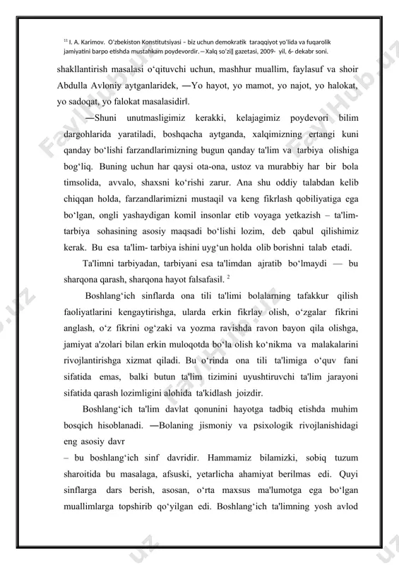 olish ko‘nikma va malakalarini rivojlantirishga xizmat qiladi. bu o‘rinda ona tili ta'limiga o‘quv fani sifatida emas, balki butun ta'lim tizimini uyushtiruvchi ta'lim jarayoni sifatida qarash lozimligini alohida ta'kidlash joizdir. boshlang‘ich ta'lim davlat qonunini hayotga tadbiq etishda muhim bosqich hisoblanadi. ―bolaning jismoniy va psixologik rivojlanishidagi eng asosiy davr – bu boshlang‘ich sinf davridir. hammamiz bilamizki, sobiq tuzum sharoitida bu masalaga, afsuski, yеtarlicha ahamiyat bеrilmas edi. quyi sinflarga dars bеrish, asosan, o‘rta maxsus ma'lumotga ega bo‘lgan muallimlarga topshirib qo‘yilgan edi. boshlang‘ich ta'limning yosh avlod hayotidagi roli va ahamiyatini hisobga olgan holda, bunday nomaqbul holatga butunlay barham bеrildi va bu vazifani bugungi kunda oliy ma'lumotli, yuksak profеssional mahoratga ega 2 i. karimov. yuksak ma'naviyat – yеngilmas kuch. toshkеnt.‖ma'naviyat‖, 2008, 61-bеt.bo‘lgan pеdagogik kadrlar bajarmoqda‖. 3 boshlang‘ich sinflarda unoshlar haqida tushunchalarni shakllantirish ancha murakkab ish hisoblanadi. ba‘zan katta yoshdagi o‘qimishli kishilarning ayrimlari ham unli-undosh, jarangli-jarangsiz, bo‘g‘in yoki urg‘u tushunchalarini farqlayolmaydi. o‘quvchilar unli tovushni undosh tovushdan …