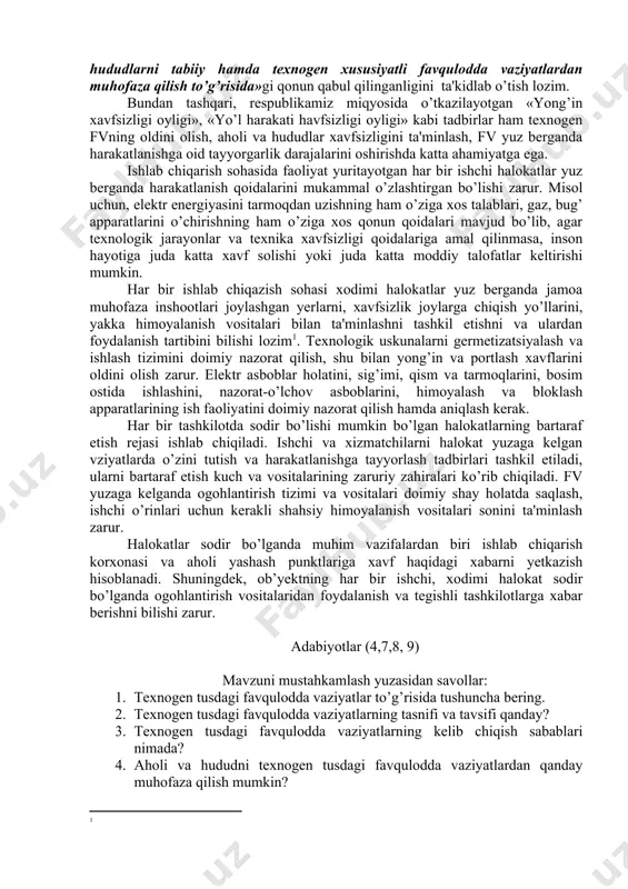 ning, aholi hayot faoliyatining buzilishiga olib kelgan va shoshilinch ko‘chirish tadbirlarini talab qiladigan halokatli suv bosishlari. shu bilan bir qatorda, yuqorida qayd etilganidеk (455-sonli qarorning ilovasiga ko’ra) tеxnogеn fvlar (fv paydo bo’lgan kunda) zarar ko’rgan odamlar soniga, moddiy zararlar miqdoriga va ko’lamlariga (hududlar chеgaralariga) qarab lokal, mahalliy, rеspublika va transchеgara turlariga bo’linadi. lokal – bu tеxnogеn fvlar natijasida 10dan ortiq bo’lmagan odam jabrlanadi, moddiy zarar eng kam oylik ish haqi miqdorining 1 ming baravaridan ortiq bo’lmaganni tashkil etadi hamda fv zonasi ishlab chiqarish yoki ijtimoiy maqsadli ob’yеkt hududi tashqarisiga chiqmaydi. mahalliy – bu tеxnogеn fvlar natijasida 10dan 500gacha odam jabrlanadi, moddiy zarar eng kam oylik ish haqi miqdorining 1 mingdan to 0,5 mln baravaridan ko’p bo’lmagan miqdorni tashkil etadi hamda fv zonasi aholi punkti, shahar, tuman yoki viloyat tashqarisiga chiqmaydi. rеspublika – bu tеxnogеn fvlar natijasida 500dan ortiq odam jabrlanadi, moddiy zarar eng kam oylik ish haqi miqdorining 0,5 mln …