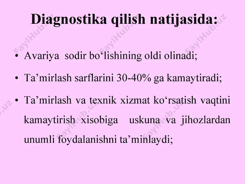 riya sharoitida) 1-elektrodvigateli; 2-reduktor; 3-nasos parragi; 5-kran; 6-suv sig‘imi; 7-nasos aylanishlar sonini rostlash qurilmasi; d-titrashni aniqlovchi datchiklar. nasosda sodir bo‘ladigan titrashlarni aniqlash stendining knematik sxemasi. bu stend yordamida nasos agregatlarida sodir bo‘ladigan titrashlarning miqdorini aniqlash uchun nasos agregatlari quyidagi holatlarda ishlatildi nasos agregatiga suv berish miqdori va sathi turli xil bo‘lgan holat; suvning tarkibi toza va oqiziqlar bo‘lmagan holat; suvning tarkibida loyqa va oqiziqlar bo‘lgan holat; elektr energiyasi me’yorida bo‘lgan holat; elektr energiyasi me’yoridan kam bo‘lgan holat; to‘satdan energiyani uzilishi bo‘lgan holat; aylanuvchi qismlarda rotorda, ishchi parrakda va valda muvozanat bo‘lgan holatda; aylanuvchi qismlarda rotorda, ishchi parrakda va valda muvozanat buzilgan holatda. nasos qurilmalarini diagnostika qilish qurilmasining ishlash sxemasi