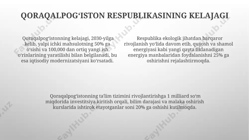 iriladi, quyosh va shamol energiyasi kabi alternativ energiya manbalaridan foydalanish darajasi esa atigi 2% ni tashkil etadi. qoraqalpogʻiston respublikasining geografiyasi qoraqalpogʻistonning relyefi tekislik va pasttekisliklardan iborat boʻlib, balandligi dengiz sathidan oʻrtacha 80-100 metrni tashkil etadi, faqatgina shimolda ustyurt platosi kabi baland joylar uchraydi. qoraqalpogʻiston respublikasi hududining 168,0 ming kvadrat kilometrni tashkil etadi, bu oʻzbekiston hududining taxminan 28% ni tashkil qiladi va asosan choʻl va dasht landshaftlari bilan tavsiflanadi. respublikaning shimoliy qismi amudaryo daryosi havzasiga, janubiy qismi esa sirdaryo daryosi havzasiga mansub boʻlib, suv resurslari taqsimotida muhim ahamiyat kasb etadi. qoraqalpogʻiston respublikasining madaniyati qoraqalpogʻiston xalq amaliy sanʼati, ayniqsa, gilam toʻqish va kulolchilik anʼanalari 15-asrga borib taqaladi va 200 dan ortiq naqsh turlarini o'z ichiga oladi. qoraqalpogʻiston milliy musiqasida 50 dan ortiq turli cholgʻu asboblari, jumladan, dutar, qomaj, gi̇jjak kabi anʼanaviy asboblar qoʻllaniladi. qoraqalpogʻiston adabiyoti boy folklor anʼanalariga ega boʻlib, 300 dan ortiq doston va afsona, shuningdek, koʻplab sheʼriy merosni oʻz ichiga …