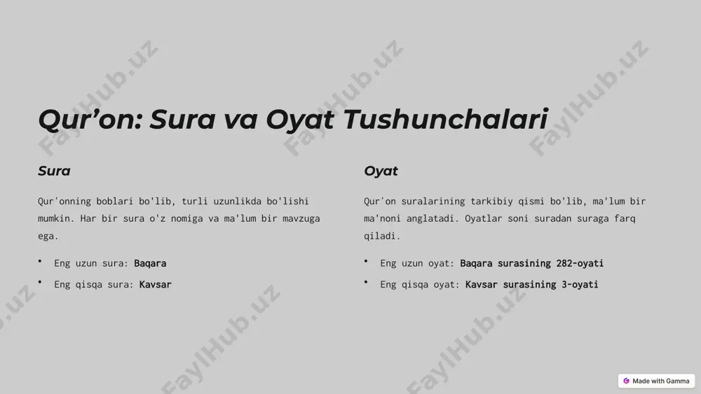 , kufa va basraga jo'natdi. bu jarayon milodiy 7-asrda, taxminan 650 yilda amalga oshirilgan. qurʼonshunoslikning shakllanishi va rivojlanishi ilk davr qurʼonning jamlanishi va tartibga solinishi. tafsir ilmining paydo bo'lishi qurʼon oyatlarini sharhlash va izohlash. qiroat ilmining rivojlanishi qurʼonni to'g'ri o'qish qoidalari. zamonaviy qurʼonshunoslik qurʼonni ilmiy va tarixiy nuqtai nazardan o'rganish. 4 hadis ilmining paydo bo'lishi va rivojlanishi ilk davr payg'ambarimiz muhammad (s.a.v.)ning so'zlari va amallarini yig'ish. hadis to'plamlari sahih buxoriy, sahih muslim, va boshqa mashhur hadis to'plamlari. sanad va matn hadislarning ishonchlilik darajasini aniqlash uchun sanad (rivoyat qiluvchilar zanjiri) va matn (hadisning mazmuni) tahlili. 5 hadis ilmi islomda muhammad payg‘ambarning so‘zlari, amallari va taqrirlarini o‘rganish va saqlash bilan shug‘ullanadi. bu ilm hijriy ii asrda paydo bo‘lgan, eng mashhur olimlar abu hurayra, imom buxoriy, va imom muslimdir. payg‘ambarning 600 mingdan ortiq hadisidan imom buxoriy 7,275 hadisni, imom muslim esa 12,000 hadisni to‘plagan. hadislar islom fiqhining asosiy manbalaridan bo‘lib, qur'onni to'ldiradi. hadis …