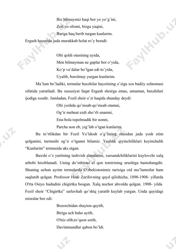lti yoshda qo’msab-qo’msab otamni, og’ir mehnat ezdi sho’rli enamni, ena-bola topolmadik bir nonni, parcha non eb, yig’lab o’tgan kunlarim. bu to’rtlikdan bir fozil yo’ldosh o’g’lining otasidan juda yosh etim qolganini, turmushi og’ir o’tganni bilamiz. yoshlik qiyinchiliklari keyinchalik “kunlarim” termasida aks etgan. baxshi o’z yurtining tashvish alamlarini, xursandchiliklarini kuylovchi xalq arbobi hisoblanadi. uning do’mbirasi el qon tomirining urushiga hamohangdir. shuning uchun ayrim termalarda o'zbekistonimiz tarixiga oid ma’lumotlar ham saqlanib qolgan. professor hodi zarifovning qayd qilishicha, 1898-1908- yillarda o'rta osiyo hududini chigirtka bosgan. xalq nochor ahvolda qolgan. 1908- yilda fozil shoir “chigirtka” sarlavhali qo’shiq yaratib kuylab yurgan. unda quyidagi misralar bor edi: bozorchidan shayton qaytib, biriga uch baho aytib, o'ttiz olib,to’qson sotib, davlatmandlar qabon bo’ldi. kambag’alning aqli shoshib, o'g’il-qizman kengashib, kecha-kunduz zor yig’lashib, do’stlar qaddi kamon bo’ldi. bu qo’shiq-termada yurtimiz boshidan kechgan musibatli kunlar badiiy aksini topgan. ular vositasida bugungi kun kishisi o’ziga xos tushunchalarga ega bo’ladi. baxshilar tomonidan kuylab kelingan “do’mbiram”, …