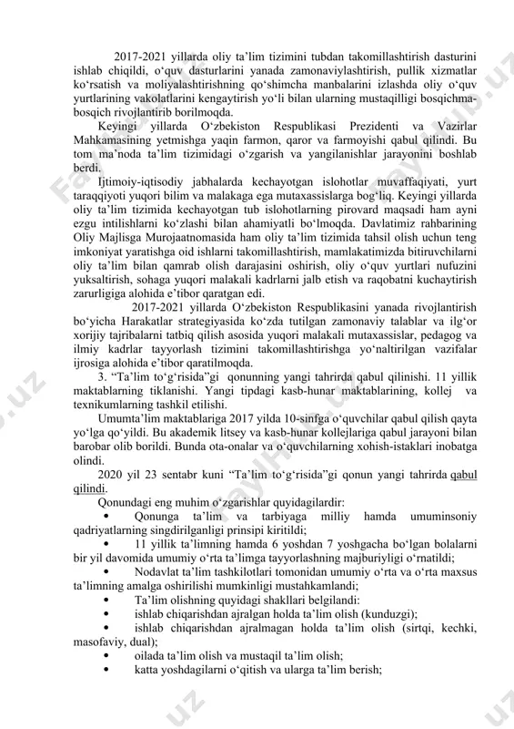 qiy bilimlar asoslarini о‘rgatadigan fanlarga, xorijiy tillarni о‘rganishga yetarli о‘rin berilmadi. bu boradagi kamchiliklarni tо‘ldirib, tо‘g‘rilash maqsadida ta’lim tizimida о‘zgarishlar kiritish kun tartibiga qо‘yildi va bunga harakat boshlandi. qolaversa, unda 1997 yil о‘zbekiston respublikasi oliy majlisi ix sessiyasida qabul qilingan «kadrlar tayyorlash milliy dasturi»ning ilk chizmalarini kо‘rish mumkin edi. ta’lim tizimida oliy ta’limda fanlar asosida о‘qishga qabul qilish ham adolatli tartibda kechishini ta’minlash uchun test tizimiga о‘tildi. 1993 yilda oliy ta’lim tizimidagi islohotlarga keng e’tibor berildi. bu masala о‘zbekiston respublikasi vazirlar mahkamasida alohida yig‘inda taxlil etildi. oliy о‘quv yurtlarining ahvoli va ularni ishlab chiqarish korxonalari bilan munosabatlari takomillashtirish maqsadida test tizimiga о‘tish zarurligi kun tartibiga qо‘yildi. mamlakatimizda istiqlolning dastlabki yillaridan boshlab ta’lim-tarbiya tizimini tubdan isloh qilishga alohida e’tibor qaratilib, farzandlarimizning jahon andozalari darajasida zamonaviy bilim va kasb-hunarlarni egallashi, jismonan va ma’nan yetuk insonlar bо‘lib ulg‘ayishi, ularning qobiliyat va iste’dodini, intellektual salohiyatini yuzaga chiqarish, yosh avlod qalbida vatanga sadoqat va fidoyilik …