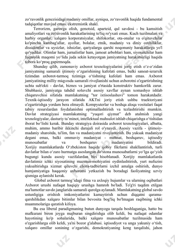 i til o‘zgarishlari dinamikasini tushunish uchun muhim ahamiyatga ega, chunki u jahon va milliy ommaviy axborot vositalarining ko‘p qirrali faoliyatini yagona, yaxlit tizim shaklida taqdim etish imkonini beradi, uning faoliyati lingvistik va madaniy jarayonlarning borishiga sezilarli ta'sir ko'rsatadi. zamonaviy ilm-fanda ushbu yangi virtual hududni davlat chegaralari va moddiy to'siqlarsiz belgilash uchun bir xil semantik qatorga tegishli, ammo ommaviy kommunikatsiya jarayonlarining u yoki bu tomonini ta'kidlaydigan atamalar va tushunchalarning butun majmuasi, masalan: axborot maydoni, axborot muhiti. , axborot maydoni , media muhiti, media landshafti, infosfera. respublikamizning mustaqillikka erishishi jahonda globallashuv jarayonlarining rivojlanish davriga to‘g‘ri keldi. bu jarayon o'zgarmas deb hisoblangan tizimlarni tubdan o'zgartirdi. rivojlangan davlatlar ham bu yangilanish jarayonlaridan dovdirab qolishdi. yosh mustaqil davlatlar oldida esa ancha katta muammolarni hal qilish masalalari turardi. vaqt mamlakat ichki axborot muhitini isloh qilish, uni jahon axborot muhitining ajralmas qismiga aylantirish masalalarini kun tartibiga qo‘ydi. shunday qilib, davlatning tashqi qiyofasini shakllantirishda milliy jurnalistika va milliy …