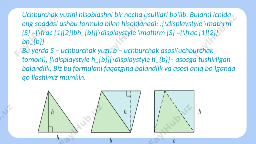 isi ikki toʻgʻri burchak, yaʼni 180° yoki radian oʻlchovida ya ga teng). u.ning yuzi s = u ah ga teng [a — u. tomonlaridan biri, h — esa oʻsha tomonga tushirilgan balandlik (rayem, ye)]. u. har tomonining uzunligi qolgan ikki tomon uzunliklari yigʻindisidan kichik, ayirmasidan esa kattadir. burchak sinusi yordamida hisoblash 02uchburchak yuzini berilgan ixtiyoriy ikki tomoni va ular orasidagi burchagi bo’yicha hisoblash mumkin. ya’ni quyidagi formula orqali: {\displaystyle \mathrm {s} ={\frac {1}{2}}ab\sin \gamma ={\frac {1}{2}}bc\sin \alpha ={\frac {1}{2}}ca\sin \beta }{\displaystyle \mathrm {s} ={\frac {1}{2}}ab\sin \gamma ={\frac {1}{2}}bc\sin \alpha ={\frac {1}{2}}ca\sin \beta }. bu yerda a,b,c – uchburchak tonomlari, α,β,γ – uchburchak tonomlari orasidagi burchagi. 03 medianalar orqali hisoblash править uchburchak tomonlariga tushirilgan uchala mediana ham aniq bo’lganda biz quyidagi formula orqali uchburchak yuzini hisoblaymiz: {\displaystyle \mathrm {s} ={\frac {4}{3}}{\sqrt {m(m-m_{a})(m-m_{b})(m-m_{c})}}} enter title 100000 100000 enter subtitle enter your text here, or paste your text here. enter subtitle enter your …