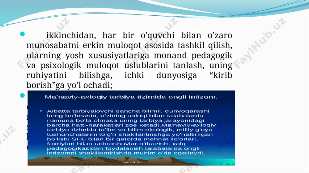 ligi, ilmiy izlanishlarga moyilliligi, muayyan ilmiy salohiyat va pedagogik mahorat darajasini muntazam oshirib borishi; - o’quvchilar bilan muloqotda layoqatliligi, nutq madaniyatining mantiqan ixcham, ma’noli, ta’sirchan kuchga egaligi, psixologik ta’sir o’tkazish bilan qurollanganligi. e’tiboringiz uchun rahmat image2.png
