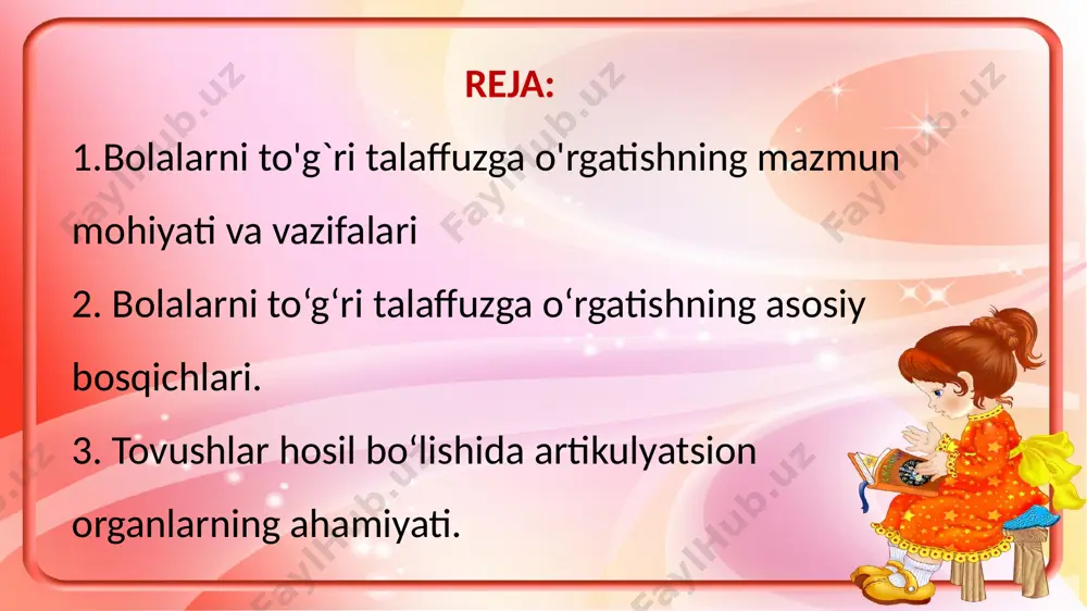 berish kerak. 3. so‘zlarning to‘g‘ri urg‘usini aniqlash: to‘g‘ri talaffuzning yana bir muhim jihati – so‘zdagi urg‘uni to‘g‘ri qo‘yish. masalan, "so‘zi" va "so‘zi" so‘zlari orasidagi urg‘u farqi bolalarga tushuntiriladi. 4. intonatsiyani o‘rgatish: to‘g‘ri talaffuzni o‘rgatishda, bolalarga to‘g‘ri intonatsiya va tovushlarning bo‘shashishi yoki kuchayishini o‘rgatish zarur. bu, ayniqsa, savol, xabar, iltimos kabi turli ma'no shakllarini to‘g‘ri ifodalashda muhim. 5. qisqa va aniq talaffuzni o‘rgatish: bolalar uzun va murakkab so‘zlarni o‘qiyotganida ularni qisqa va aniq talaffuz qilishni o‘rgatish zarur. bu, o‘z navbatida, ularning nutq madaniyatini oshiradi. 6. talaffuzni kundalik mashg‘ulotlarga kiritish: bola to‘g‘ri talaffuzni faqat darslarda emas, balki kundalik muloqotda ham o‘rganishi kerak. bunga o‘yinlar, ertaklar va turli nutq mashqlarini kiritish samarali. 7. so‘zlarni tahlil qilish va solishtirish: to‘g‘ri talaffuzni o‘rgatishda, bolalar bir-birlariga so‘zlarni tahlil qilishni va ulardagi farqlarni ko‘rishni o‘rgatish kerak.bu usul, ayniqsa, o‘xshash tovushlar o‘rtasidagi farqlarni aniqlashda foydalidir. bolalarni to‘g‘ri talaffuzga o‘rgatish, ularning nutqini shakllantirishda muhim o‘rin tutadi. bu jarayon so‘zlarning …