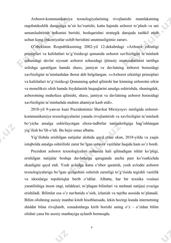 rot xavfsizligining milliy xavfsizlik tizimidagi o‘rni. xxi asrda shaxs,jamiyat va davlat taraqqiyotida axborot resurslari va texnologiyalarining rolini ortishi natijasida o’zbekiston respublikasida fuqarolik jamiyatini axborotlashtirilgan jamiyat sifatida qurish masalasini hal etish bilan birga quyidagi omillar milliy xavfsizlikni ta’minlash tizimida axborot xavfsizligining yetakchi o’rin egallashini belgilaydi: – milliy manfaatlar, ularga tajovuz va ularni bu tajovuzlardan himoyalash axborot va axborot sohasi orqali ifodalanadi, amalga oshiriladi; – inson va uning huquqlari, axborot va axborot tizimlari hamda ularga egalik qilish – bu nafaqat axborot xavfsizligining asosiy obyektlari, shu bilan birga jami xavfsizlik sohalaridagi xavfsizlik obyektlarining asosiy elementlaridir; – axborot yondashuvidan asosiy ilmiy-amaliy usul sifatida foydalanish orqali milliy xavfsizlik masalalarini hal etish mumkin; – milliy xavfsizlik muammosi yaqqol ajralib turuvchi axborot tavsifiga ega. axborot xavfsizligi tizimi davlatning axborot sohasidagi siyosatini mamlakatda milliy xavfsizlikni ta’minlash davlat siyosati bilan chambarchas bog’laydi. bunda axborot xavfsizligi tizimi davlat siyosatining asosiy tashkil etuvchilarini yaxlit bir butunlikka biriktiradi. bu esa axborot xavfsizligining …