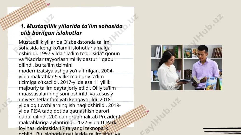 r. unesco ma'lumotlariga ko'ra, oecd mamlakatlaridagi 70% dan ortiq maktablar raqamli texnologiyalarni ta'lim jarayoniga integratsiya qilmoqda. o'zbekistonda 2020 yilga kelib, umumta'lim maktablarining 95% internet bilan ta'minlandi. ta'limda interaktiv vositalar, masalan, vr (virtual haqiqat) texnologiyalari qo'llanilishi bilim samaradorligini 30-40% ga oshirishi mumkin. "steam" (science, technology, engineering, arts, mathematics) yondashuvi orqali o'quvchilar o'z bilimlarini amaliyotga tadbiq etishlari ta'lim sifatini oshiradi. shuningdek, finlandiyada ta'lim metodikalaridan foydalangan holda oʻquvchilar o'rtasida mustaqil o'rganish salohiyati 15% ga oshadi. limitlar va maqsadlarga erishish uchun 6100 dan ortiq ta'lim loyihalari amalga oshirilmoqda. ... t.me/slaydai_bot 2023-yilda kasbiy ta'lim tizimida bir qator muhim o'zgartirishlar amalga oshirildi. yangi o‘quv dasturlari va standartlari joriy etilib, yangicha yondashuvlar asosida mutaxassislar tayyorlash kuchaytirildi. polsha, germaniya va janubiy koreya kabi davlatlar bilan xalqaro hamkorlik olib borilib, 10 mingdan ortiq o‘qituvchi malaka oshirdi. 2022-yilda faqat 5 foiz bitiruvchi ish bilan ta’minlangan bo‘lsa, 2023-yilda bu ko‘rsatkich 30 foizga yetdi. yangi texnologik jihozlar bilan ta’minlash uchun davlat budjetidan …