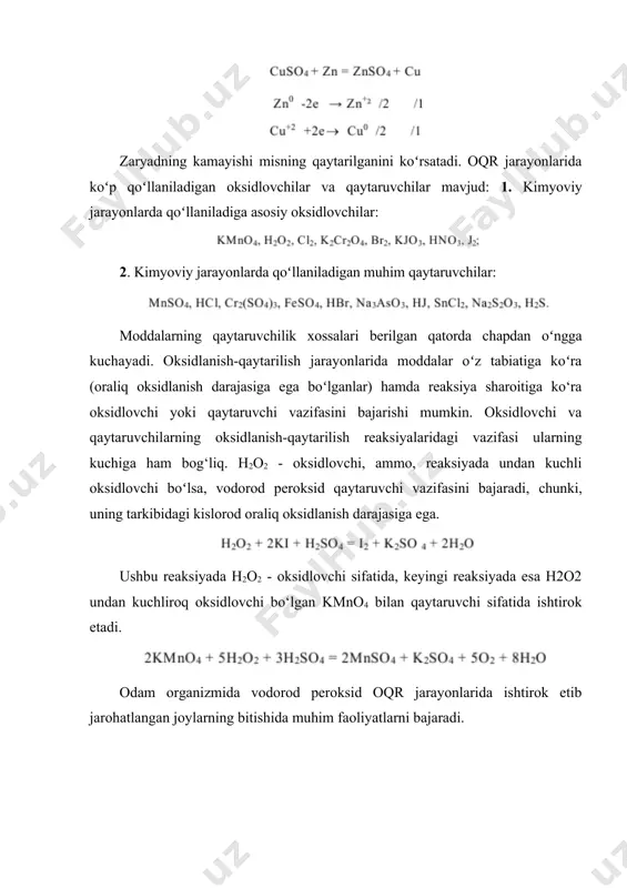 slorodning oksidlanish darajasi ortib, unga vodorod qoʻshiladi. bu jarayonlarning barchasida energiya ajraladi. hujayralarda boradigan barcha kimyoviy reaksiyalar, ya’ni yangi moddalarning hosil boʻlishi va parchalanish jarayonlari metabolizm deb ataladi. metabolizm yoʻli - fermentlar bilan кatalizlangan va oʻzaro bogʻlangan zanjirli reaksiyalardir. bu jarayonlarni oʻrganish orqali hujayra darajasida energiya ishlab chiqarish yoʻllarini korib chiqish, oʻrganish mumkin. biz ovqatlanganimizda, polisaxaridlar, oqsillar va lipidlar nisbatan kichikroq molekulalarga parchalanib organizm hujayralariga soʻriladi. glyukoza, yogʻ kislotalari va aminokislotalar parchalanishidan energiya ajraladi. hosil boʻlgan barcha energiya sarflanmagani sababli, ortiqcha qismi hujayralarda katta miqdordagi energiyaga ega boʻlgan atf koʻrinishida saqlanadi. bizning hujayralarimiz atfda saqlangan energiyani sarflab ish bajaradi, masalan, muskul qisqarishi, yuqori molekulyar birikmalarning sintezi, nerv impulslarini uzatishi va hujayra membranalaridan moddalarni oʻtkazish uchun sarflanadi. asosiy jarayonlar limon kislota siklida (krebs halqasi) kechadi. limon kislota siklida, mitoxondriyalarda kechadigan metabolitilk reaksiyalarda atsetil kofermentidagi ikki uglerod atomi oksidlanib со2 ga aylanadi. nаdн va fadh2 qisqartirilgan nomli kofermentlar elektron transportida ishtirok etib, …