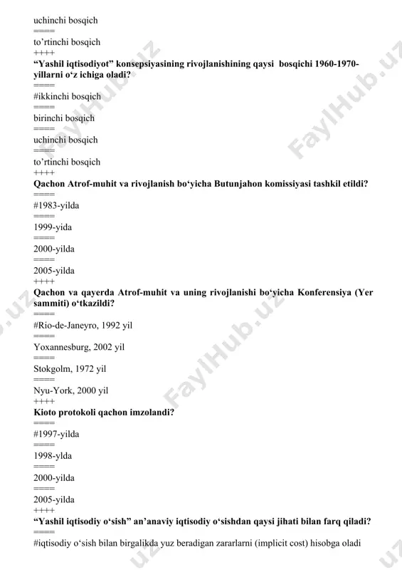 shil o‘sish ==== ekologik o`sish ==== inkluziv o`sish ==== ijtimoiy rivojlanish ++++ bmt tizimi doirasida tuzilgan, xalqaro darajada tabiatni muhofaza qilishni muvofiqlashtirishga ko‘maklashuvchi atrof-muhit dasturi qachon ta’sis etilgan? ==== #1972 yil 15 dekabr ==== 1975 yil 10 yanvar ==== 1968 yil 8 dekabr ==== 1972 yil 10 fevral ++++ iqtisodiy hamkorlik va taraqqiyot tashkiloti bu ==== #vakillik demokratiyasi va erkin bozor iqtisodiyoti tamoyillarini tan oladigan rivojlangan mamlakatlarning xalqaro iqtisodiy tashkiloti. ==== yer yuzida tinchlikni mustahkamlash va xavfsizlikni ta’minlash, davlatlarning o‘zaro hamkorligini rivojlantirish maqsadida tashkil etilgan xalqaro tashkilot. ==== rivojlanayotgan mamlakatlarga moliyaviy va texnik yordam ko‘rsatish maqsadida tuzilgan xalqaro moliya tashkiloti. ==== iqtisodiy o‘sish va ekologik barqarorlik o‘rtasidagi muvozanatni ifodalovchi yashil o‘sishga ko‘maklashishga ixtisoslashgan xalqaro tashkilot. ++++ jahon banki bu ==== #rivojlanayotgan mamlakatlarga moliyaviy va texnik yordam ko‘rsatish maqsadida tuzilgan xalqaro moliya tashkiloti. ==== vakillik demokratiyasi va erkin bozor iqtisodiyoti tamoyillarini tan oladigan rivojlangan mamlakatlarning xalqaro iqtisodiy tashkiloti. ==== yer yuzida …