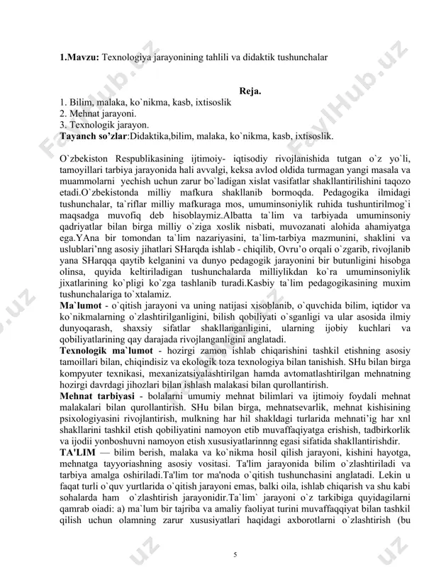 hdan iborat. bilim - bir butunlikni tashkil qiluvchi qismlarning ichki zaruriyatidan kelib chiqqan bog`liqlikdir. u qonuniyat deb ham yuritiladi. chunki bu zaruriy bog`liqlik narsa va hodisalaming tabiatidan kelib chiqadi va insonning ixtiyoridan tashqari mavjudboiadi. uni o`zgartirib bo`lmaydi. bilim kishidan kishiga maiumot (axborot) orqali o`tadi. ko`nikma va malakalar. ko`nikma va malakalar deganda biror shaxsning muayyan faoliyatni muvaffaqiyatli bajarishi uchun shart​sharoitlar yaratib beruvchi, tashqaridan kuzatish mumkin boigan xatti-harakatlari va reaksiyalari tushuniladi. malakalar ongli ravishda amalga oshirilgan faoliyatning tarkibiy qismiga kiruvchi avtomatik tarzda yuz beradigan xatti-harakatlardir. malaka- kishi egallagan bilimlari ko`nikma bosqichidan o`tib, doimiy harakat turiga aylanishi, mahorat hosil qilishi. mohirlik - xayotiy tajriba va o`zlashtirilgan bilimlar asosida aniq va ongli ravishda amaliy va nazariy ishlar, harakatlarni tsz bajar’shga tayyor ekanlikdir.o`quvchining bilimi - tabiat va jamiyatnnng rivojlanish qonuniyatlarini aks ettirgan fan konunlari, tushunchalar, ashyoviy dalillarnn o`zlashtirishga yo`naltirilgan pedagogik faoliyatning natijasidir. malaka - o`zining shakllaiish jarayonida avtomatlashib ketgan, ya`ii ixtiyoriy ravishda to`liq takrorlash qobiliyati, …