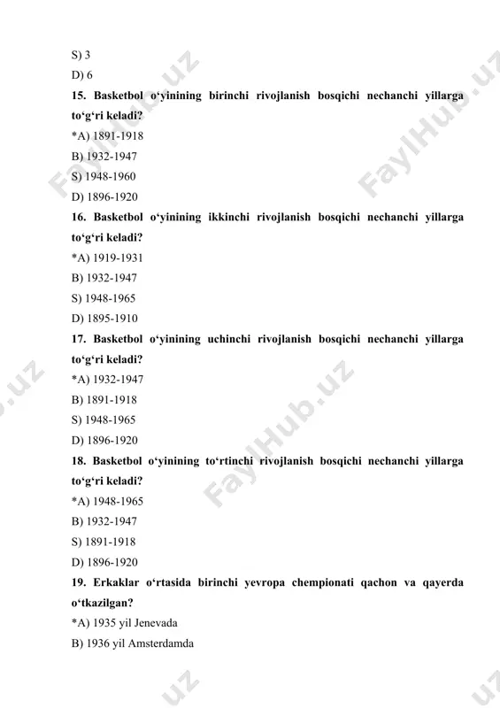 105x180 b) 100x160 s) 110x180 d) 115x170 37. basketbol polidan halqagacha bo‘lgan masofa qancha bo‘ladi? *a. 3,05 b. 3,00 s. 3,10 d. 3,15 38. basketbol maydonida jarima maydonchasi o‘lchami qancha bo‘ladi? *a) 4.90-5.80 m b) 4.50-5.50 m s) 5.00-6.00 m d) 4.70-5.60 m 39. basketbol o‘yini necha bo‘lim va necha daqiqadan o‘ynaladi? *a) 4 bo‘lim 10 daqiqa b) 2 bo‘lim 20 daqiqa s) 3 bo‘lim 12 daqiqa d) 5 bo‘lim 8 daqiqa 40. basketbol maydoni chiziqlarining qalinligi qancha bo‘ladi? *a) 5 sm b) 4 sm s) 3 sm d) 6 sm 41. basketbol halqasi aylana diametri qancha bo‘ladi? *a) 45 sm b) 40 sm s) 35 sm d) 50 sm 42. basketbol maydoni markaziy doira radiusi qancha bo‘ladi? *a) 1.80 m b) 1.70 m s) 1.60 m d) 1.90 m 43. basketbol o‘yinida necha ochkolik to‘plar bor? *a) 1,2,3 b) 1,3,4 s) 2,3,4 d) 1,2,4 44. 3 soniyali qoida bu? …
