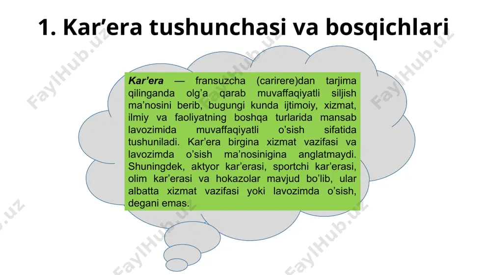 lot)ning shaxsiy ehtiyojlariga mos ekanligi; korxona (tashkilot)ning joylashishi; ishning mavjudligini; mehnatga to’lanadigan haq va rag’batlantirishlar miqdorining o’sishi uchunimkoniyatlar mavjuligini aniqlash mo’ljal korxona (tashkilot)dagi ish o’rni nufuzi; korxona (tashkilot)ning jamiyat farovonligiga qo’shayotgan hissasi; korxona (tashkilot) to’g’risidagi mavjud axborotlarni o’rganish ta’lim mehnat faoliyati bilan bog’liq stajirovkalar; kurslarda qatnashish. ta’lim dasturlarini kengaytirish rahbarlik ishdagi muvaffaqiyatlar to’g’risida axborotga ega bo’lish. murakkabroq vazifalarni bajarishga o’tish imkoniyatini ko’rib chiqish rahbar hodimlar bilimi darajasi va mazmuniga talablar o’rta daraja o’rtadan yuqori daraja yuqori daraja juda yuqori daraja x xx xxx xxxx vakolat turlari rahbar hodimlar guruhlari ijtimoiy vakolatlar x xx xxxx uslubiy masalalardagi vakolatlar x xx xxxx kasb vakolatlari xxx xxx x karyera gorizantal (kasbiy) vertikal (lavozim) amalga oshirish imkoniyati bo’yicha amalga oshirish davri bo’yicha amalga oshirish hususiyati bo’yicha(karera strtegiyasi) real sust salohiyatli desant normal jadval tipik uzlukli barqaror karyera tasnifi karera yosh mutaxassislik davri bosqichi (bog’liqlik bo’ysunish) mutaxassis yosh mutaxassis boshlang’ich bosqich (tajriba, konikma, bilimlarni egallash …