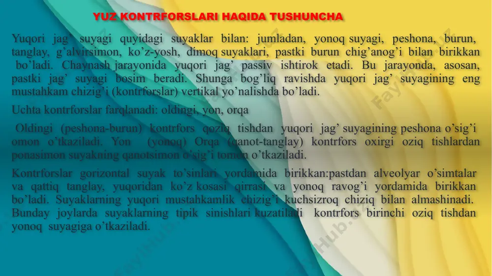 ri bir vaqtning o’zida anesteziya qilinadi. og’riqsizlantiruvchi eritma chakka osti chuqurchasiga yuboriladi. nervning 2-shoxi joylashgan qanot-tanglay chuqurchasiga tarqaladi. ayni vaqtda anestetik modda oval teshikka kirib, uch shoxli nervning 3-shoxiga ta’sir ko’rsatadi. texnikasi. yuz terisiga antiseptik eritmalar bilan ishlov berilgach, chap qo’l ko’rsatkich barmog’i bilan yonoq ravog’i pastki qirrasi bo’ylab chakka-pastki jag’ bo’g’imi old yuzasidagi burchak palpasiya qilinadi. bu erga ignasining uzunligi 6 sm bo’lgan shprisga anestetik modda olib yuboriladi bu erdan anestetik modda qanot – tanglay tuguni va uch shoxli ignani asta-sekin oldinga, yuqoriga va suyak yuzasigacha xarakatlantirib yo’l-yo’lakay novakain yuborib boriladi. bu erga 0,5% li novokaindan 25-30 ml sarflanadi. og’riq yo’qolishi 6-8 daqiqadan keyin yuzaga kelib, yuqori va pastki jag’ni egallaydi. tanglay (palatinal) anesteziyasi tanglay (palatinal) anesteziyasi katta tanglay teshigi sohasidan tanglay va milk shilliq pardasini og’riqsizlantirishda qo’llaniladi. bunda katta tanglay teshigidan chiquvchi katta tanglay nervi og’riqsizlantiriladi (122-rasm). og’izni katta ochgan holatda ii katta oziq tish ro’parasida, milkdan 1,5 …